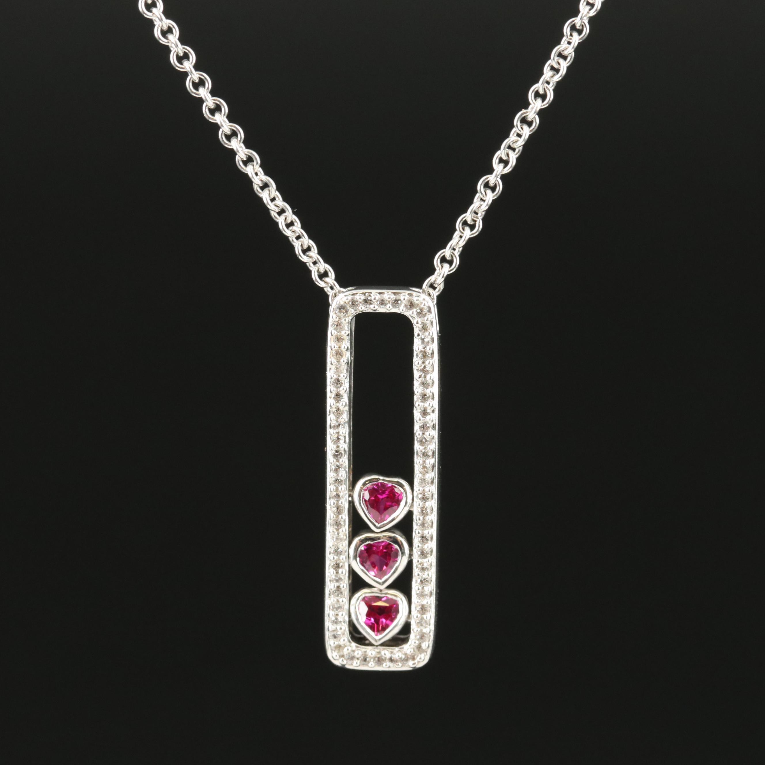 Sterling Ruby and Sapphire Heart Bar Pendant Necklace