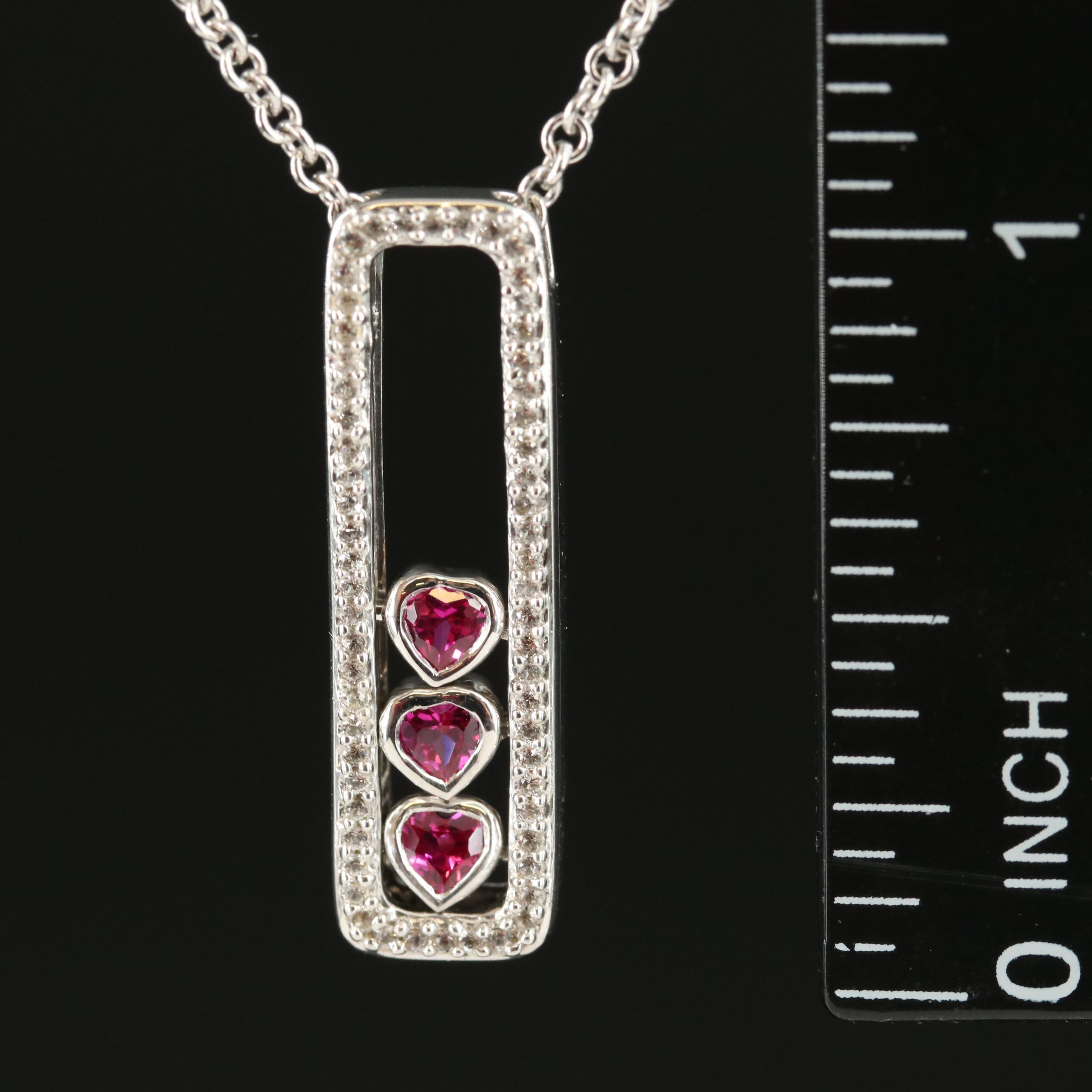Sterling Ruby and Sapphire Heart Bar Pendant Necklace