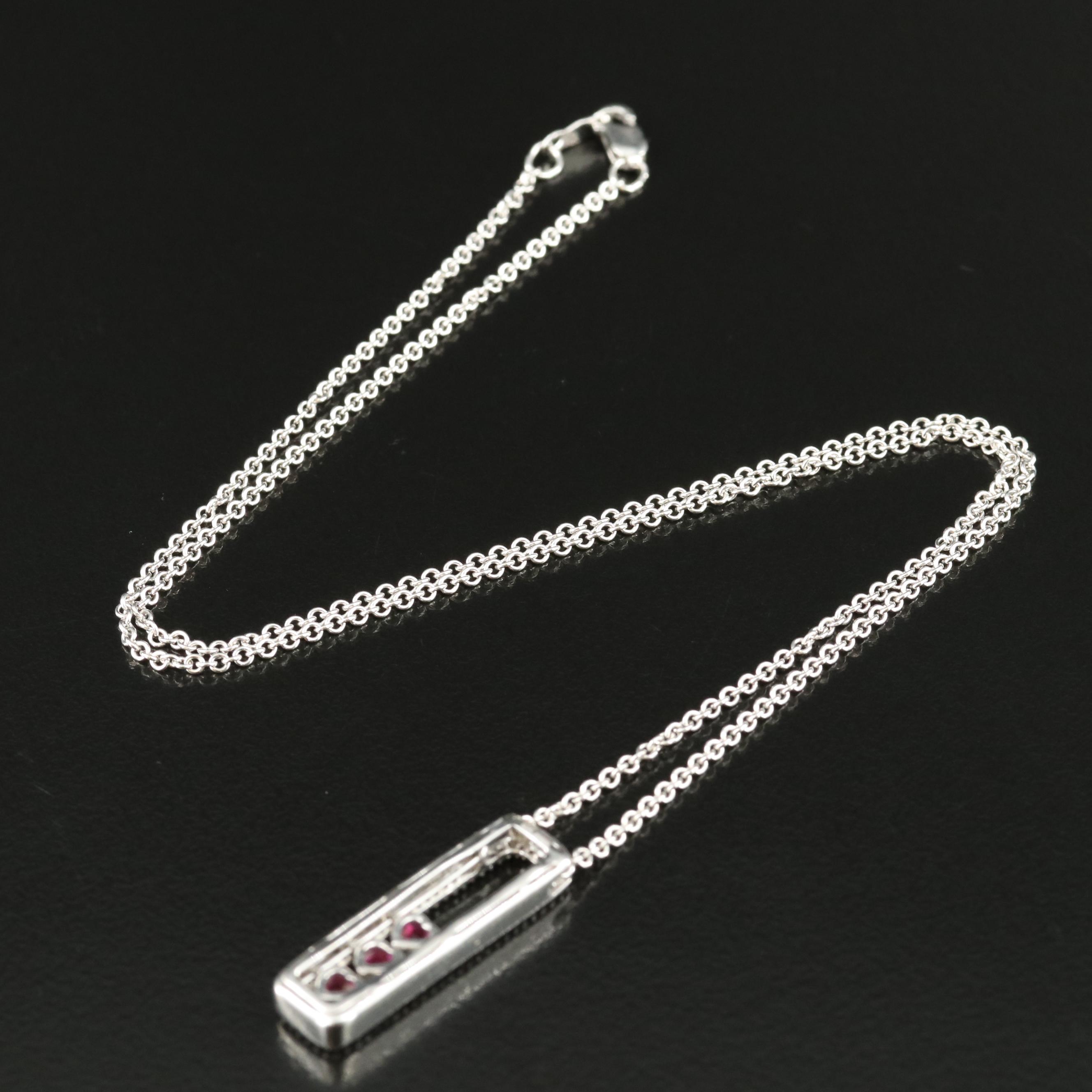 Sterling Ruby and Sapphire Heart Bar Pendant Necklace
