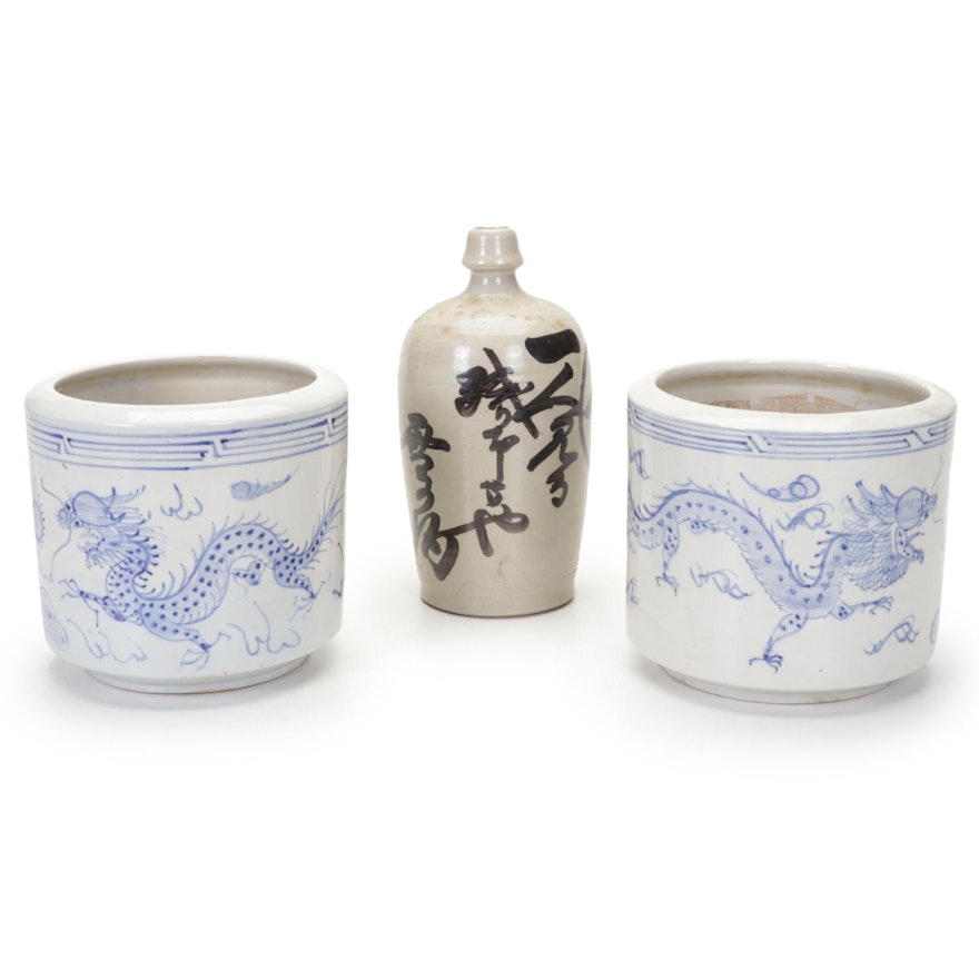 Chinese Dragon Stoneware Planters with Japanese Calligraphy Sake Bottle