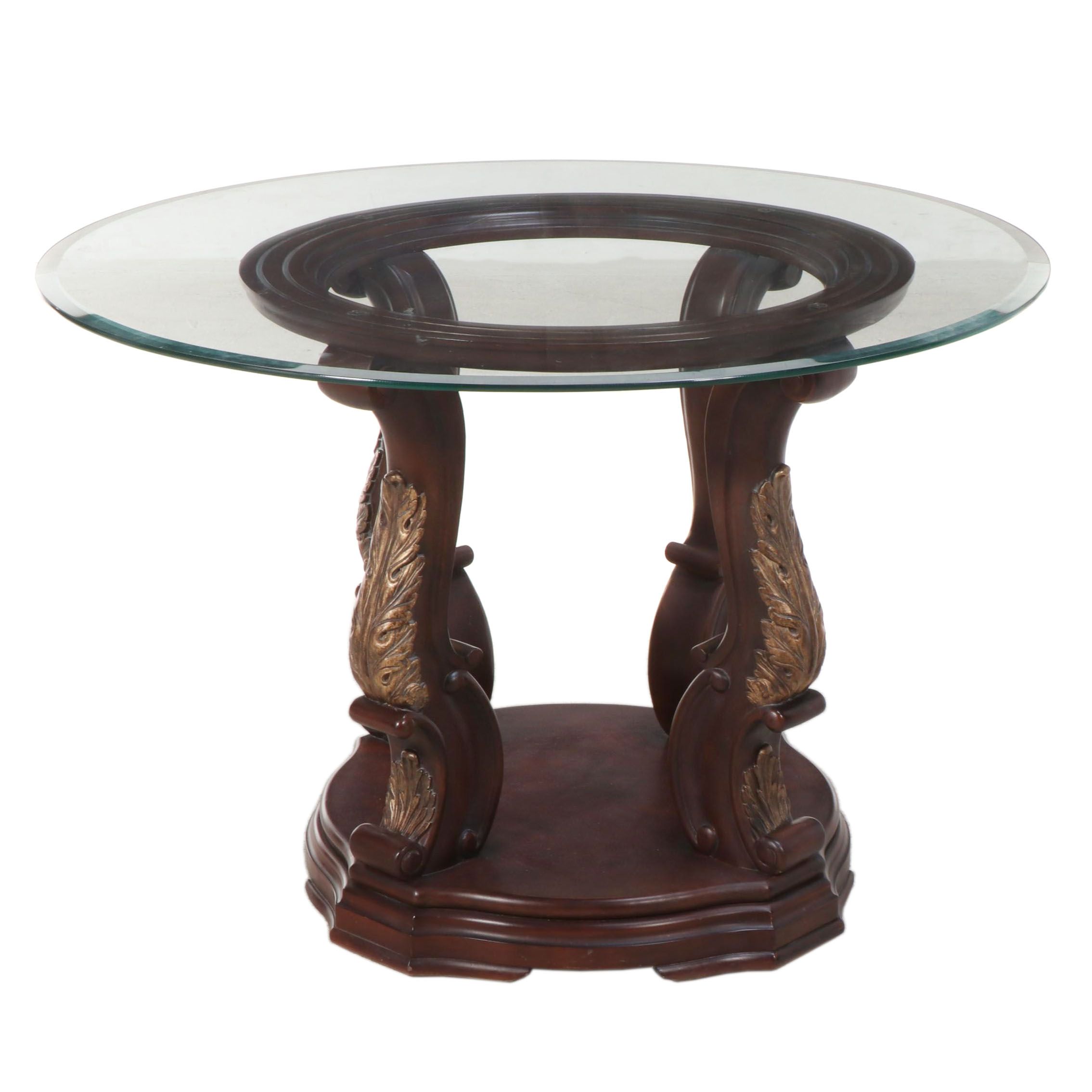 Baroque Style Walnut-Stained, Parcel-Gilt and Glass Top Table