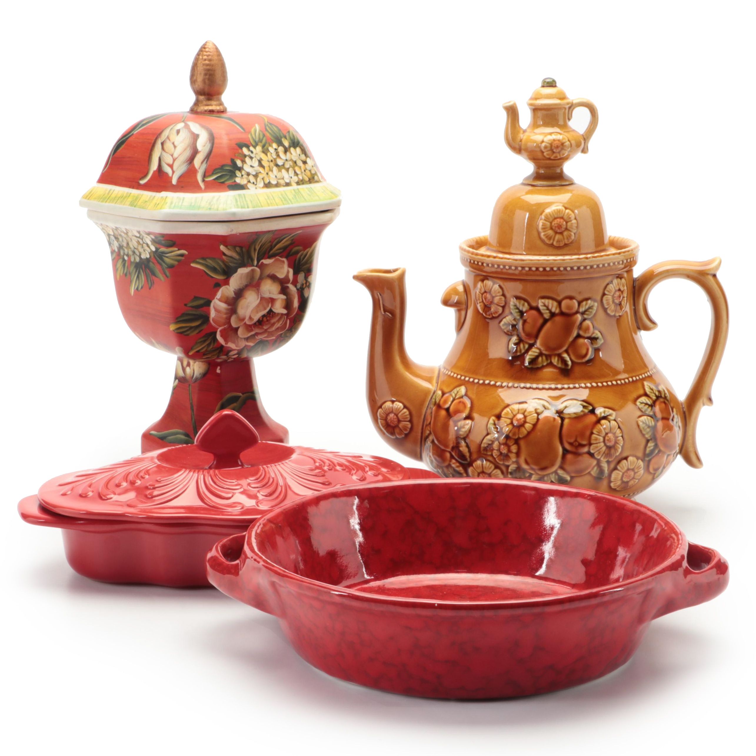 Chantal Red Glazed Ceramic Lidded Bowl with Other Ceramic Containers