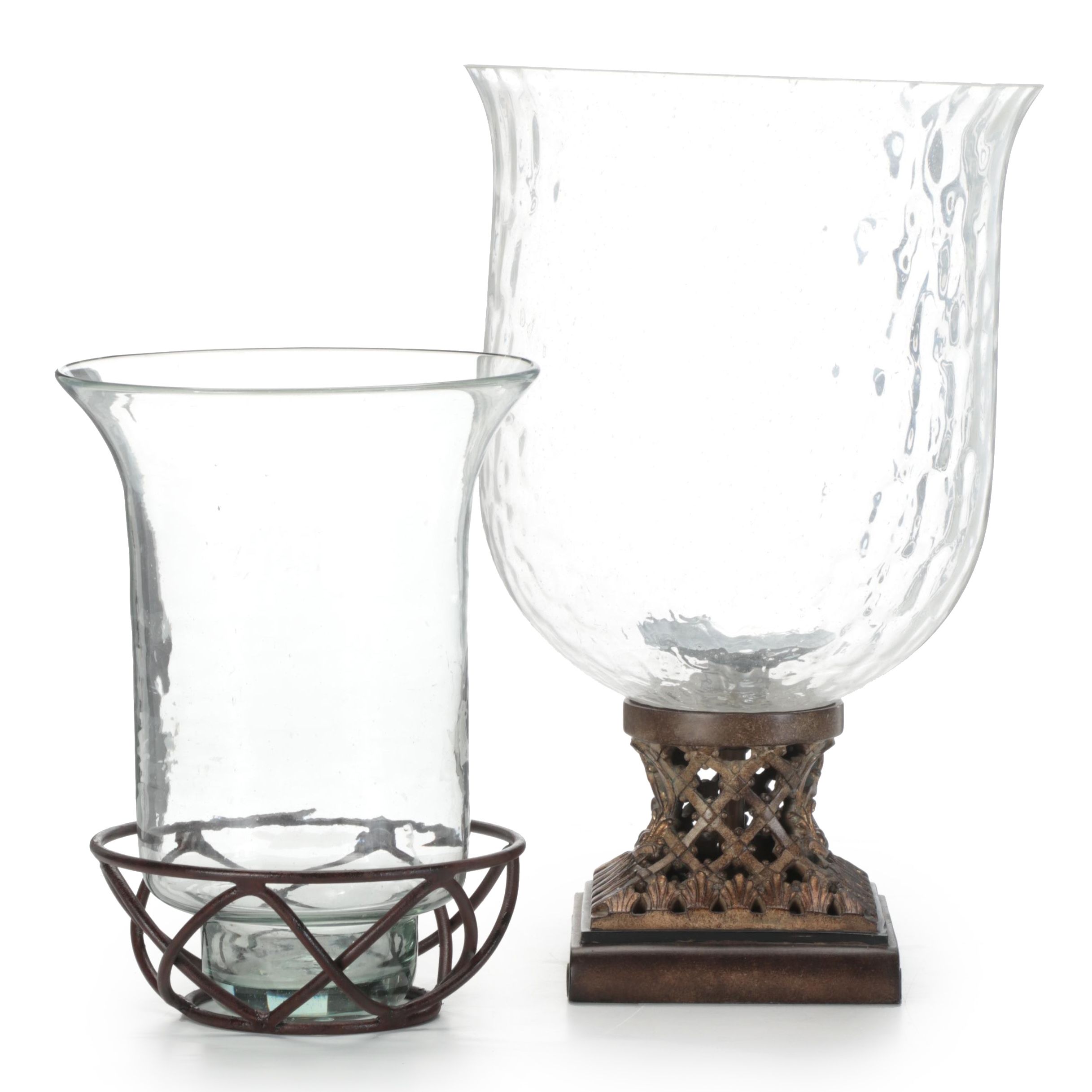 Patinated Composite and Metal Candle Holders with Blown Glass Hurricanes