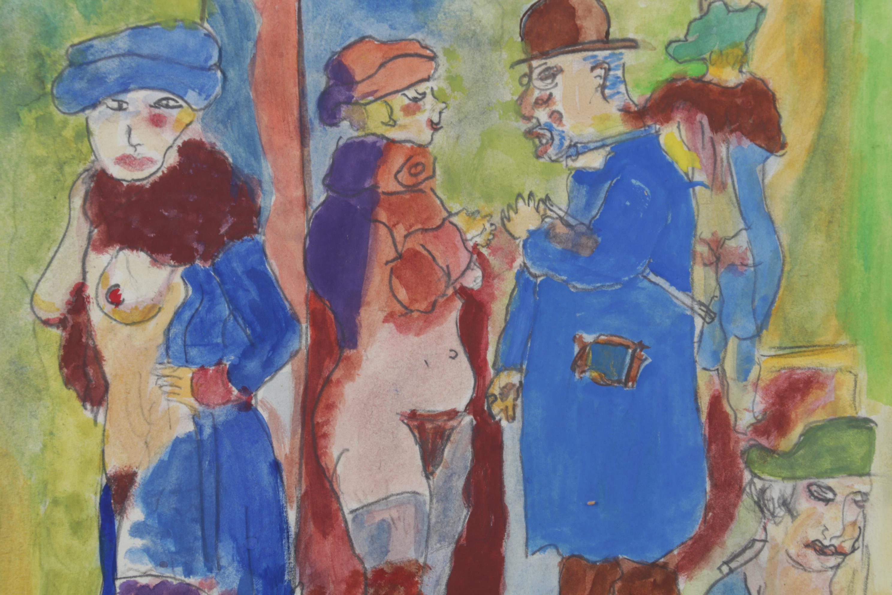 Watercolor and Gouache Painting After Georg Grosz "Dawn," Circa 1970