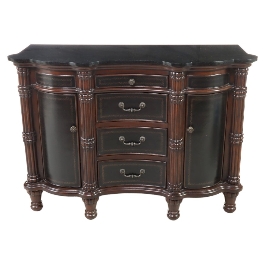 Baroque Style Serpentine Form Wood, Faux Leather and Stone Top Buffet