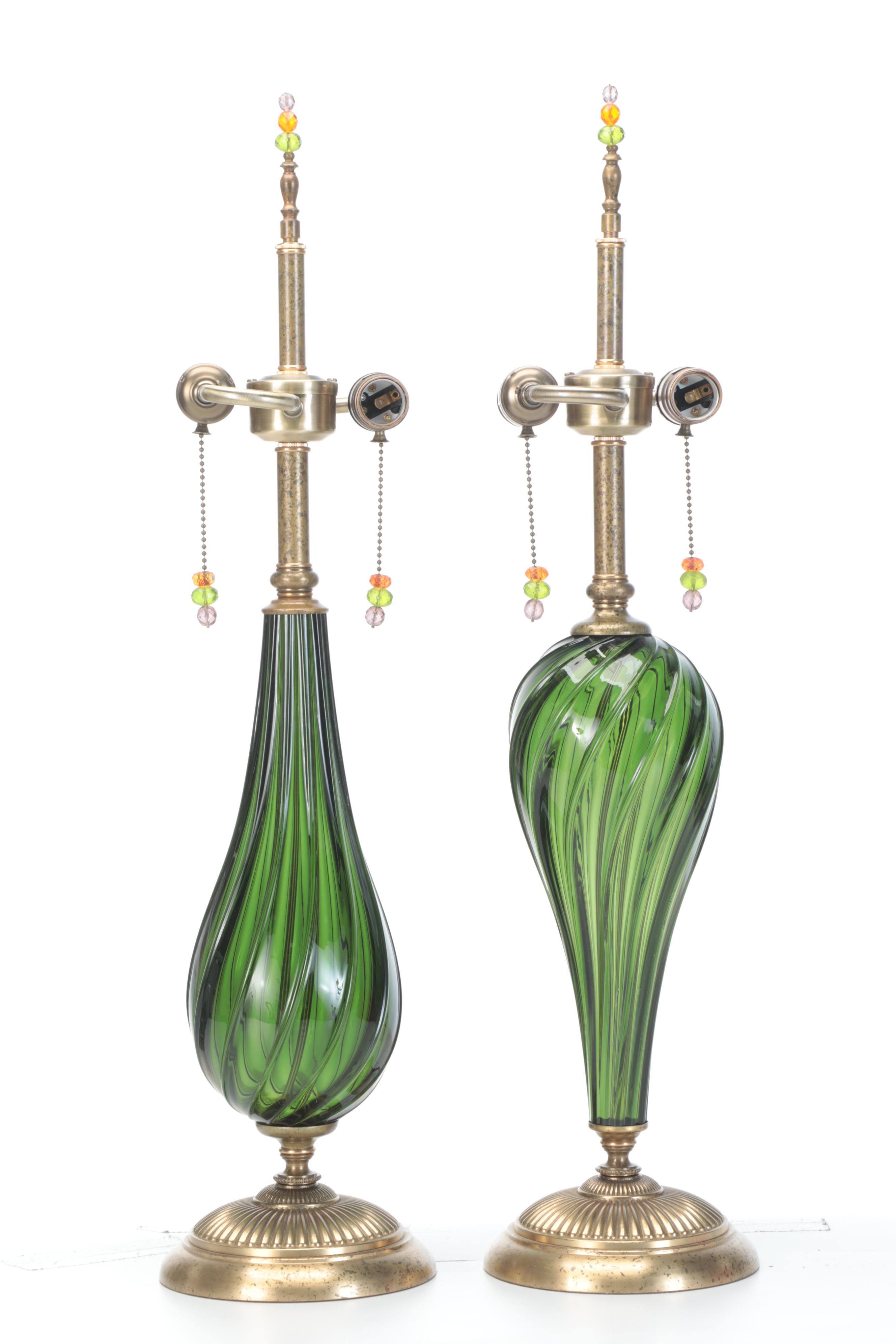Kinzig Designs "Margot" Green Blown Glass Table Lamps with Silk Shades