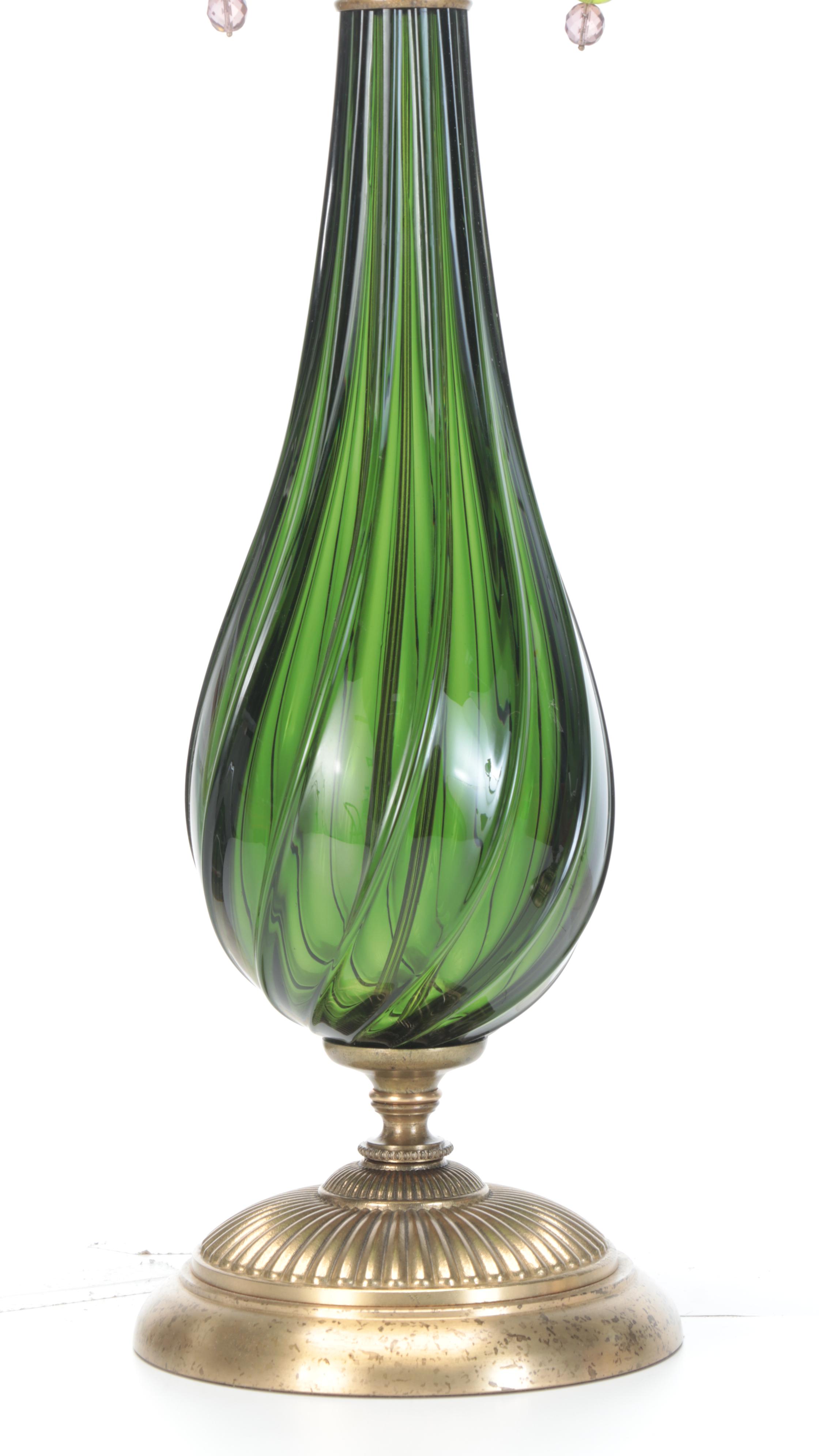 Kinzig Designs "Margot" Green Blown Glass Table Lamps with Silk Shades