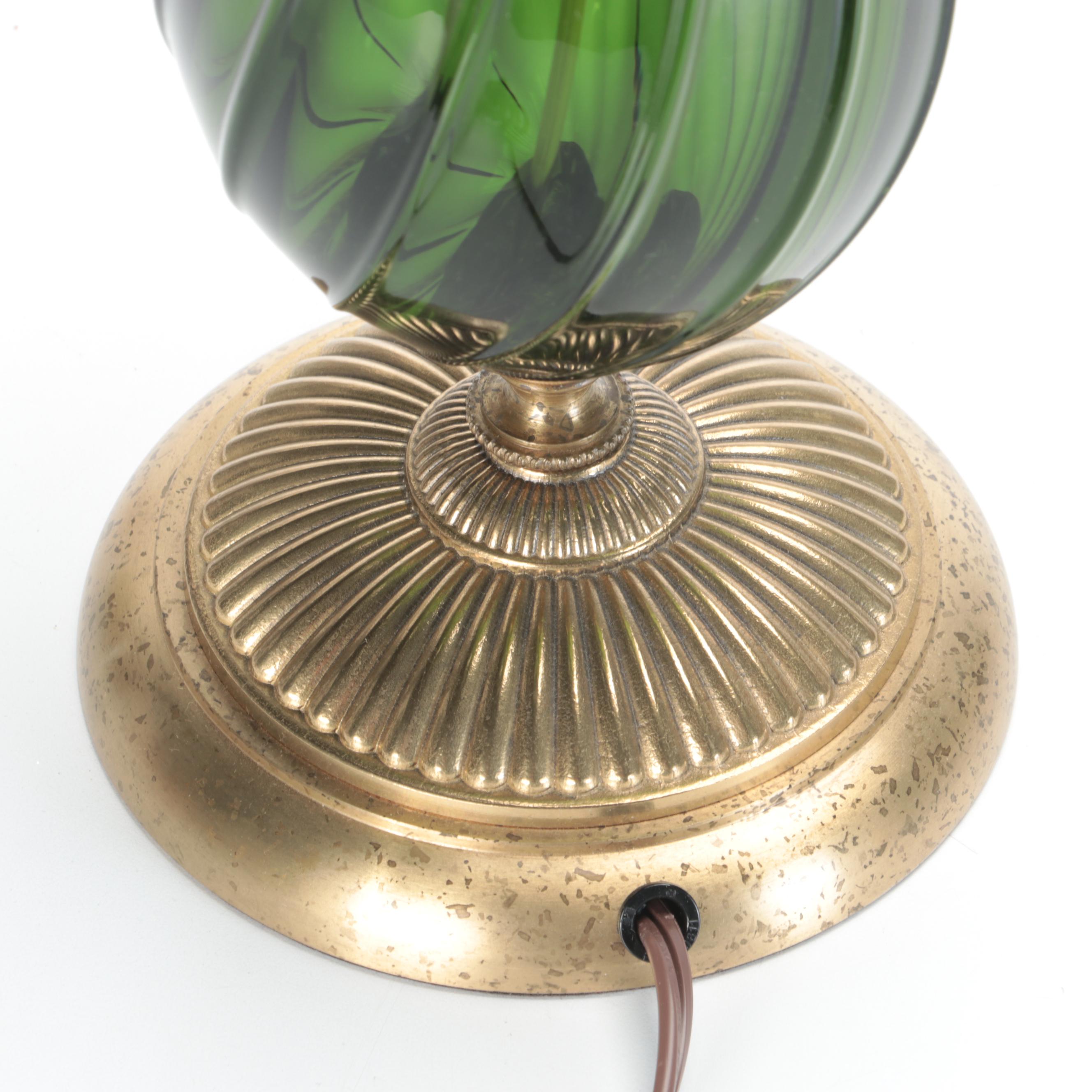 Kinzig Designs "Margot" Green Blown Glass Table Lamps with Silk Shades