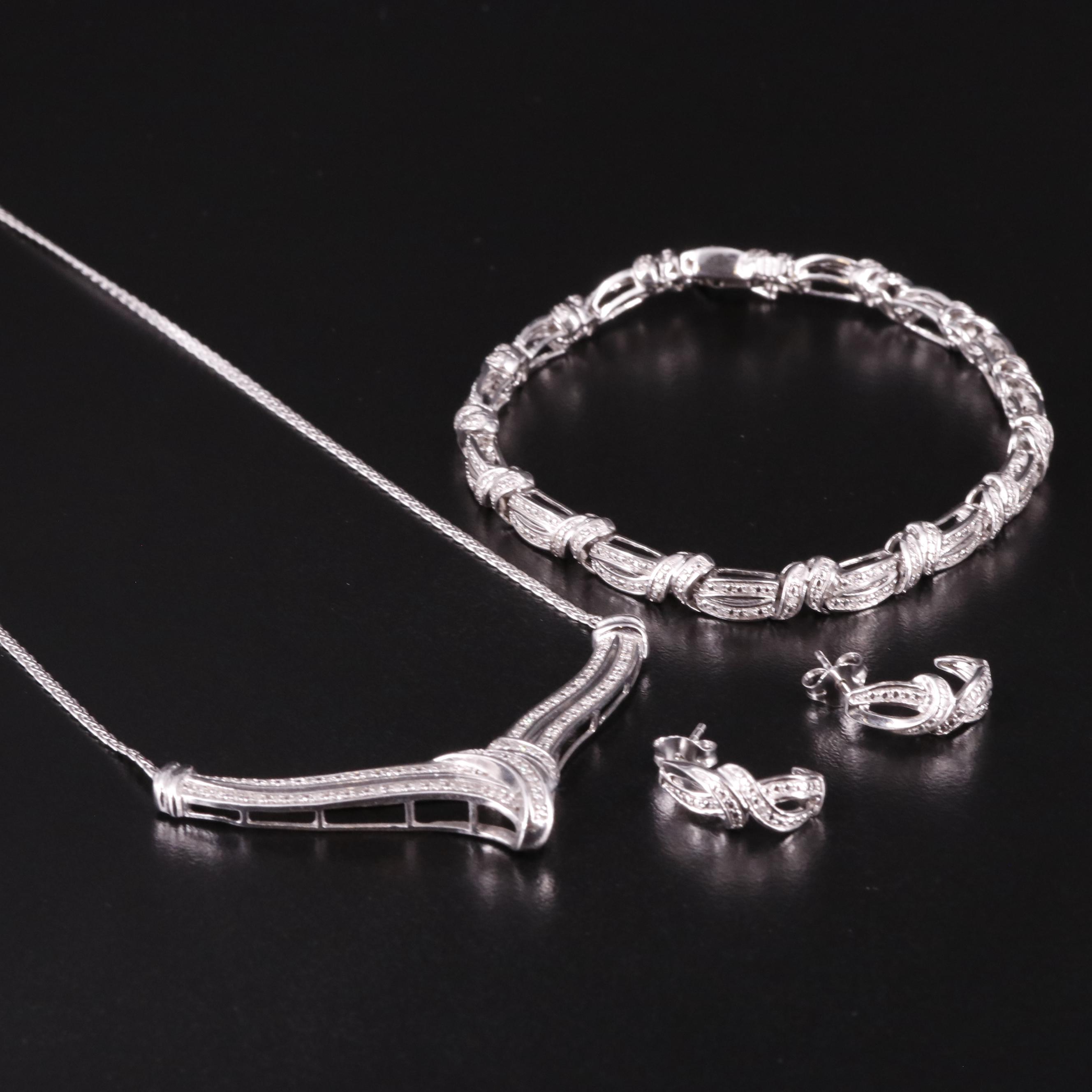 Sterling Diamond Bracelet, Earrings and Festoon Necklace Set