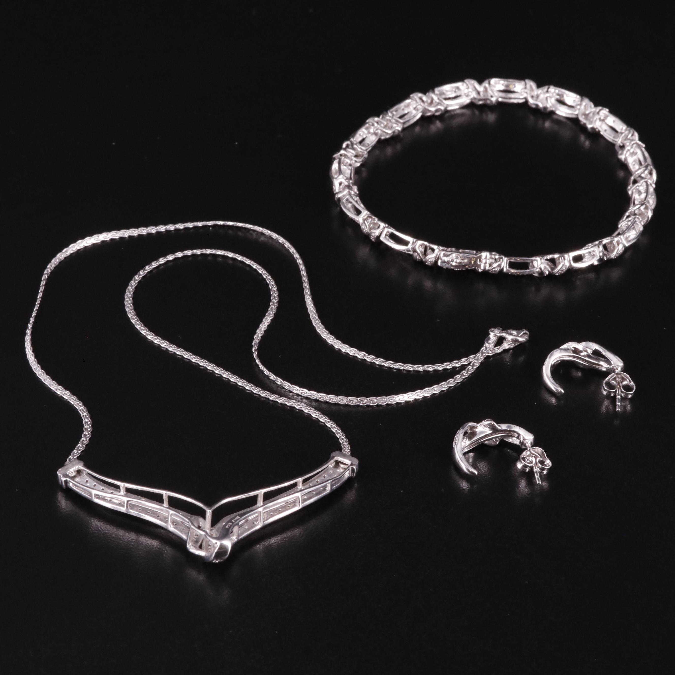 Sterling Diamond Bracelet, Earrings and Festoon Necklace Set
