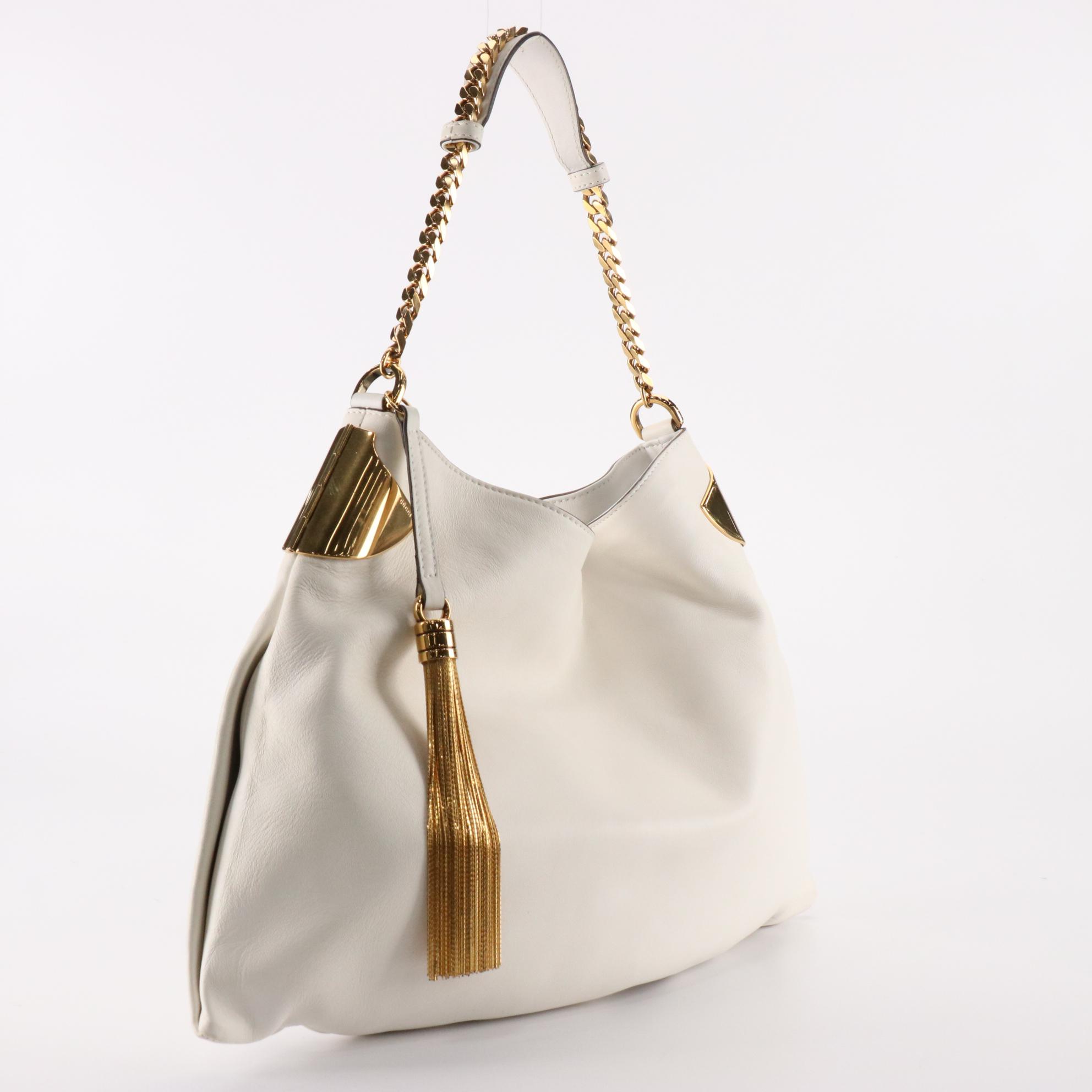 Gucci 1970 Chain Strap Hobo Bag in White Leather with Tassel