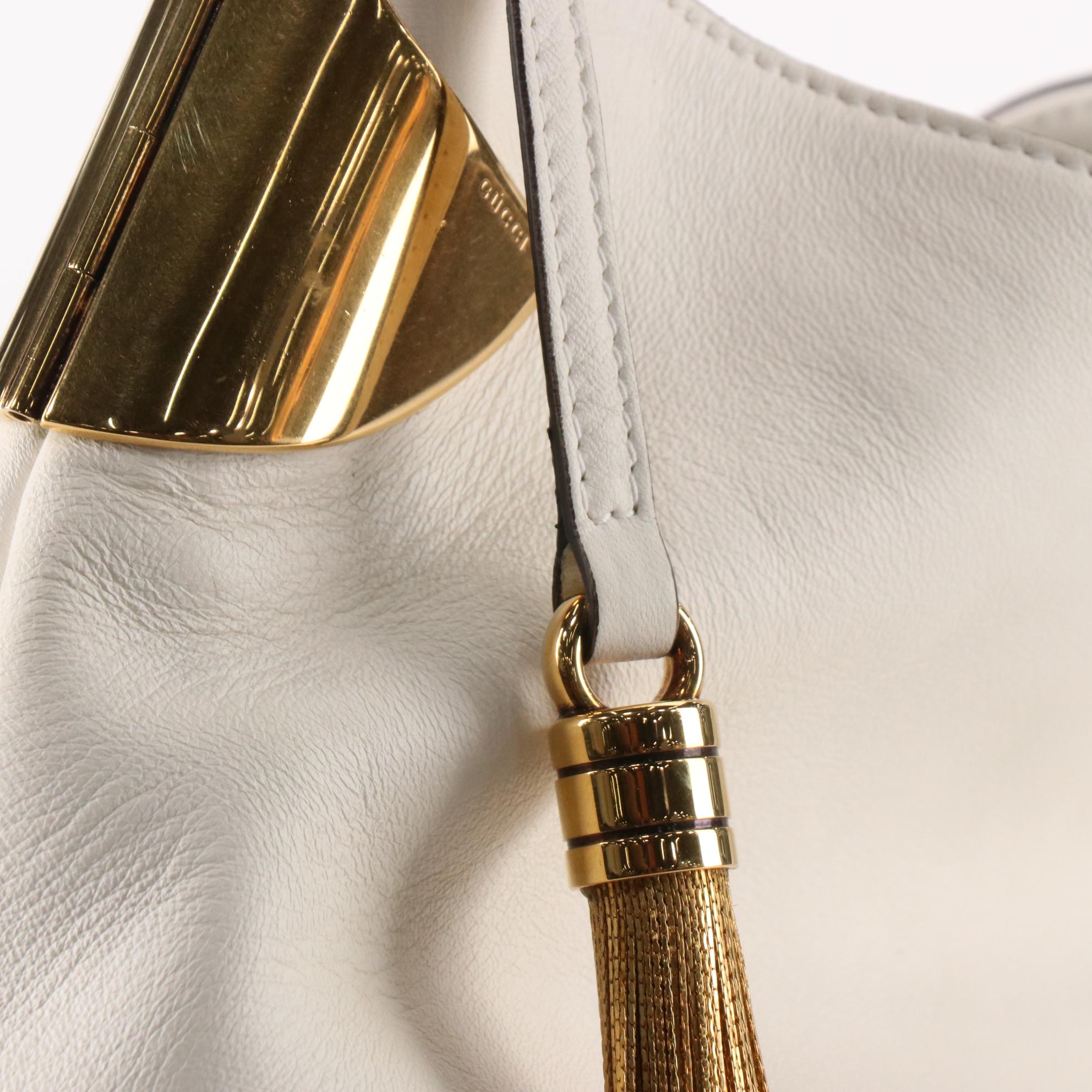 Gucci 1970 Chain Strap Hobo Bag in White Leather with Tassel