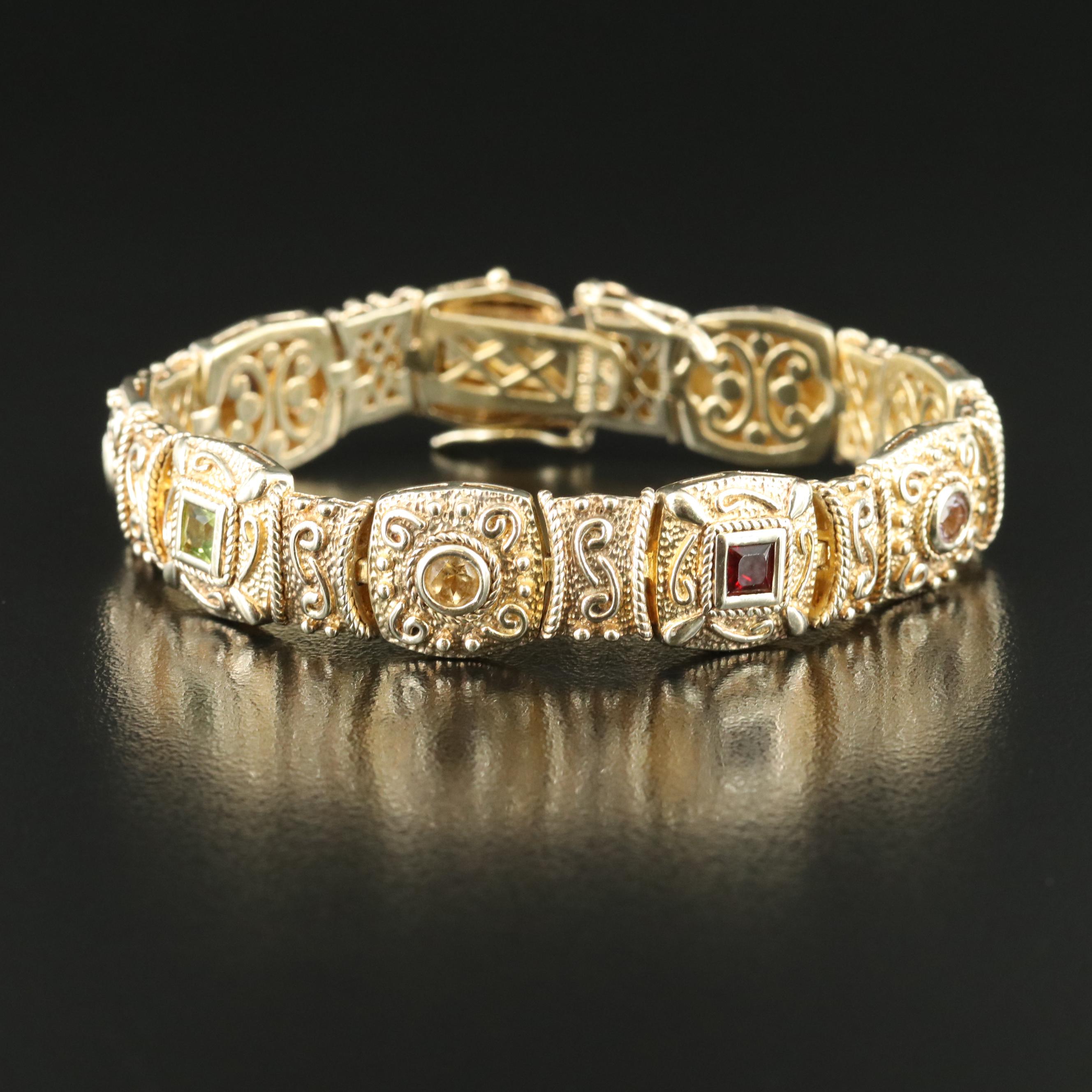 Sterling Garnet, Topaz and Amethyst Panel Bracelet