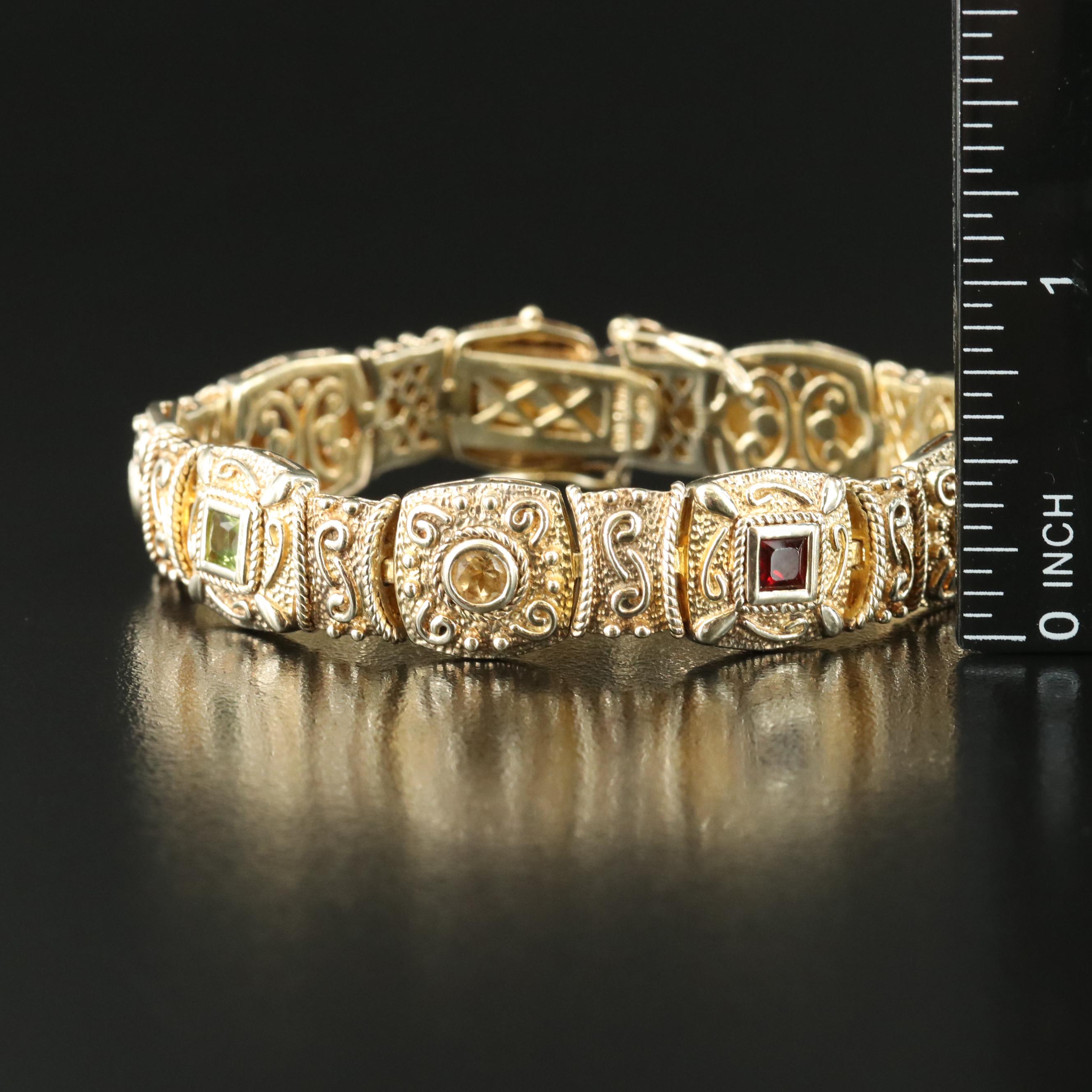 Sterling Garnet, Topaz and Amethyst Panel Bracelet