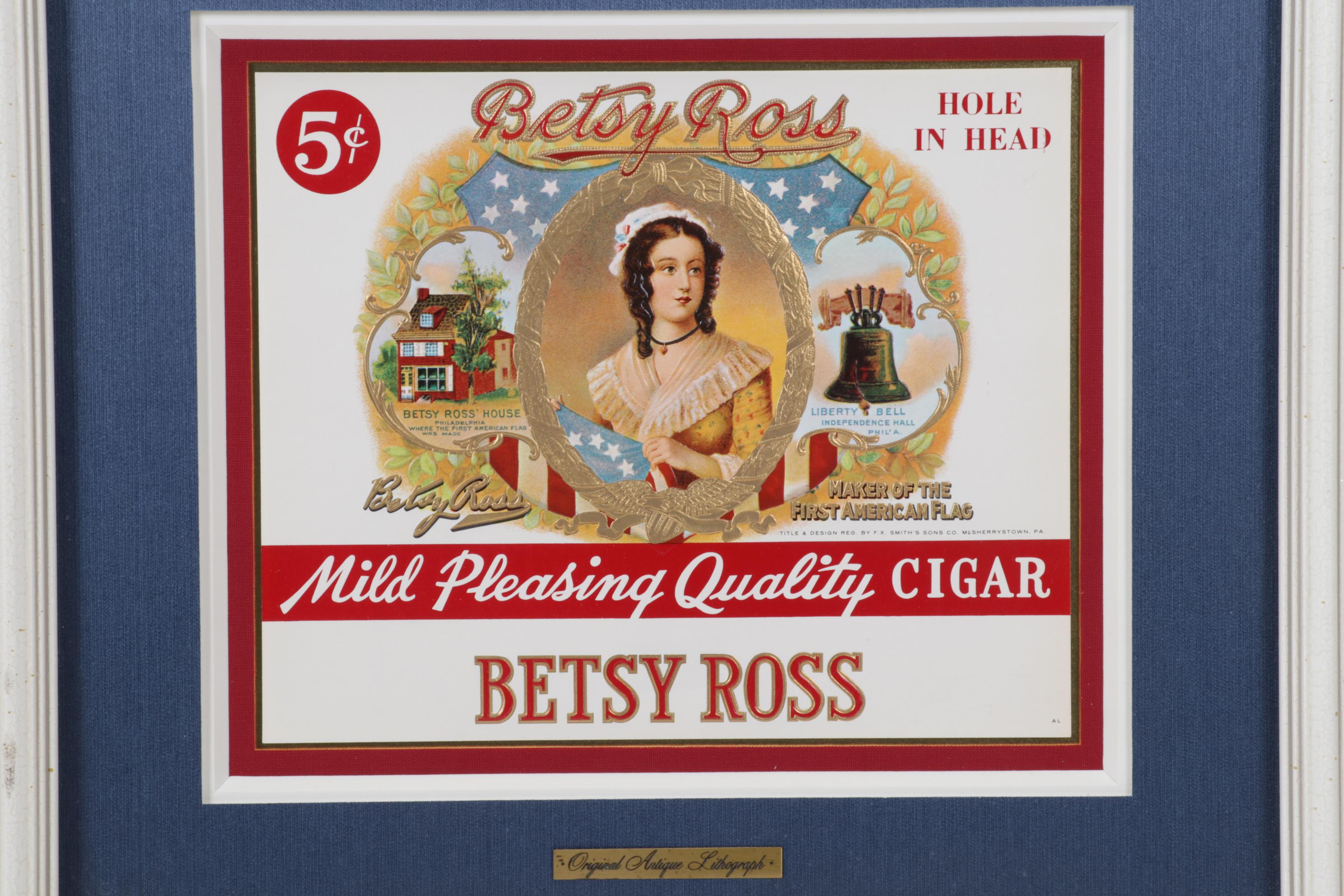 Betsy Ross "Hole in the Head" Embossed Offset Lithograph Cigar Box Label, 1920s