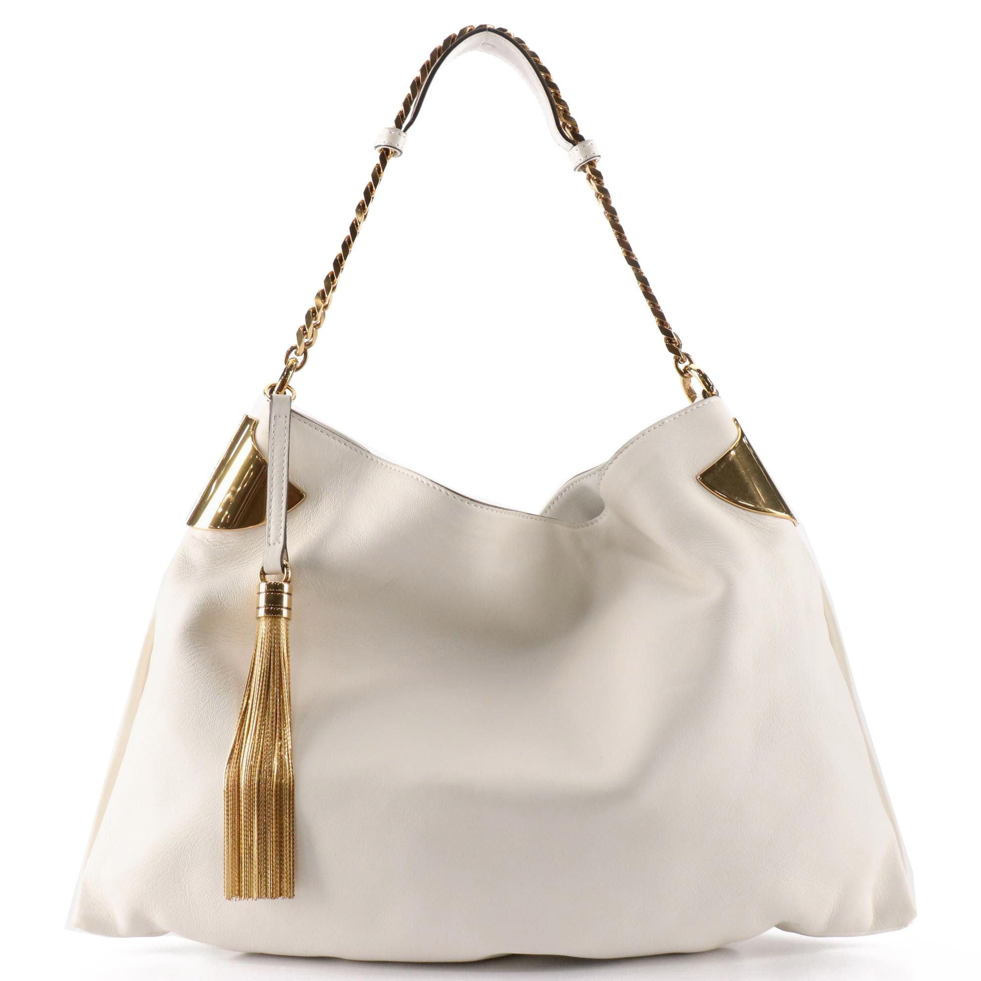 Gucci 1970 Chain Strap Hobo Bag in White Leather with Tassel