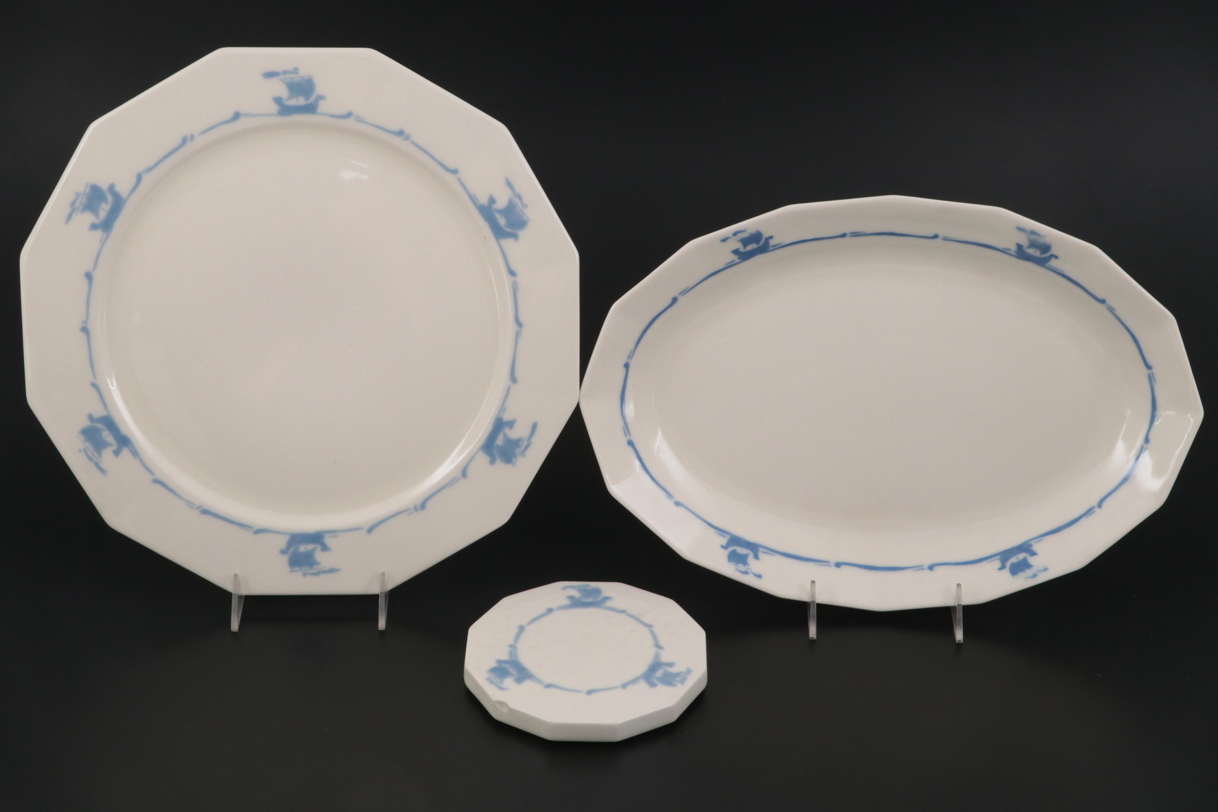 Rookwood Pottery Blue Ship Motif Porcelain Dinnerware and Serveware, 1920s
