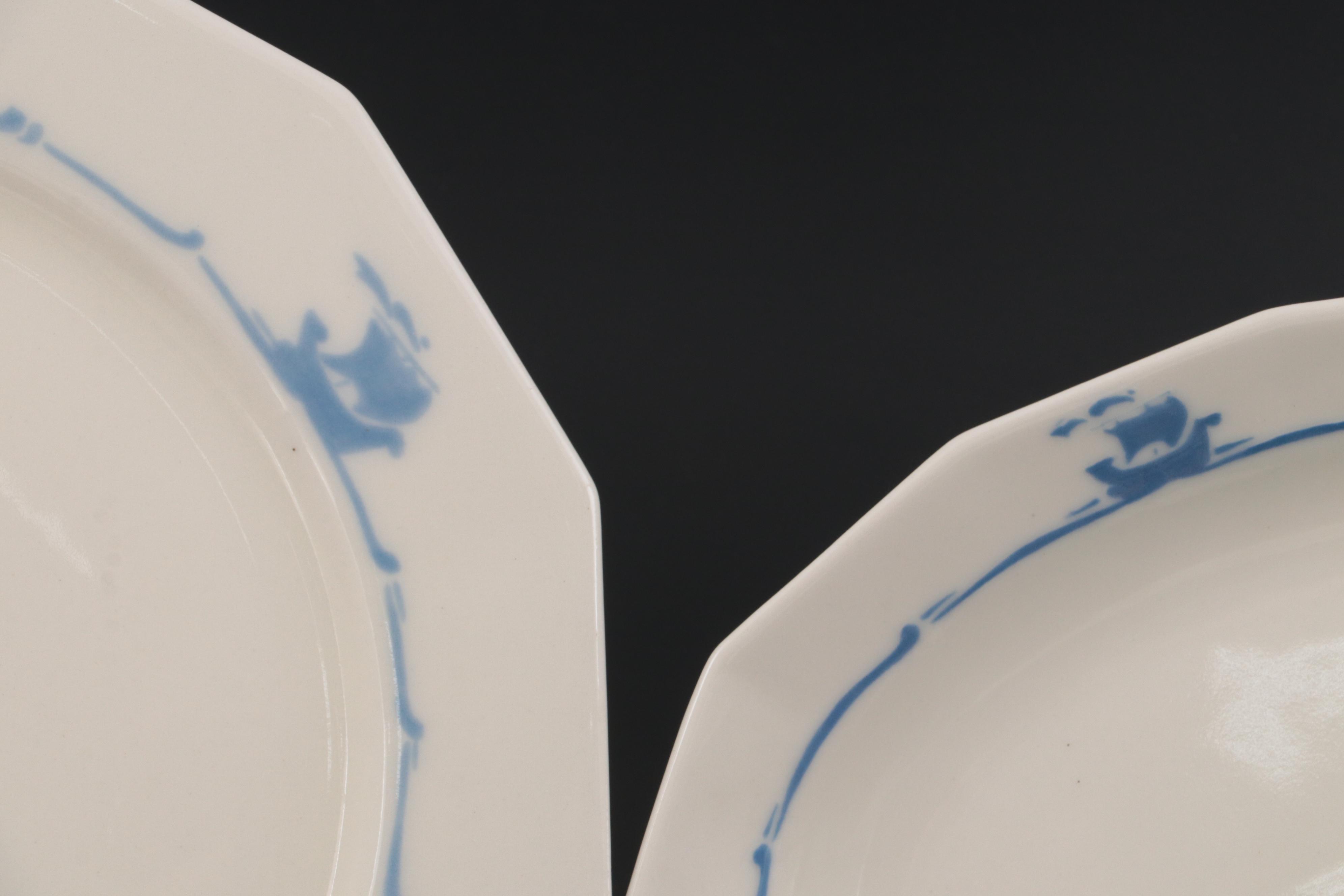 Rookwood Pottery Blue Ship Motif Porcelain Dinnerware and Serveware, 1920s