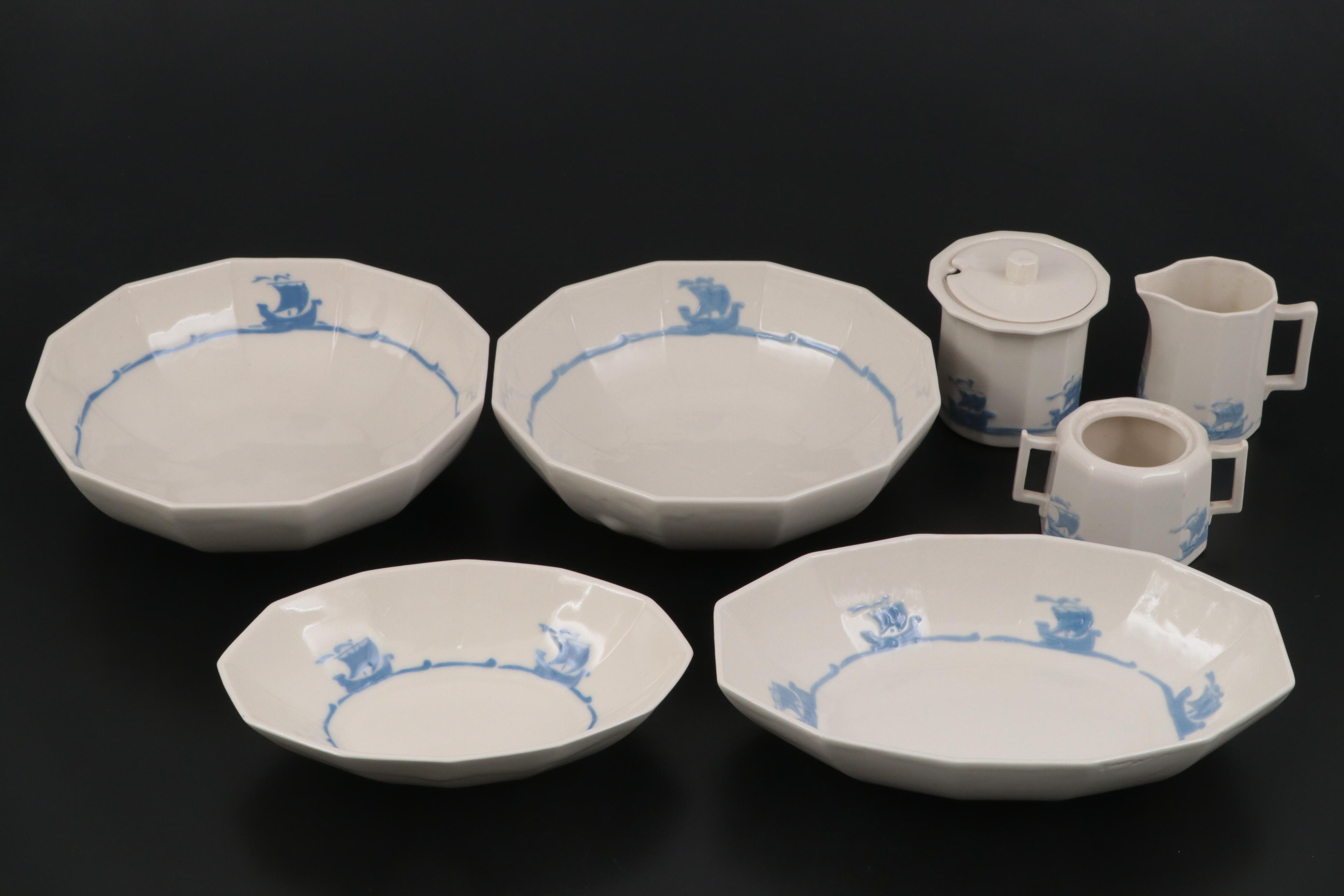 Rookwood Pottery Blue Ship Motif Porcelain Dinnerware and Serveware, 1920s