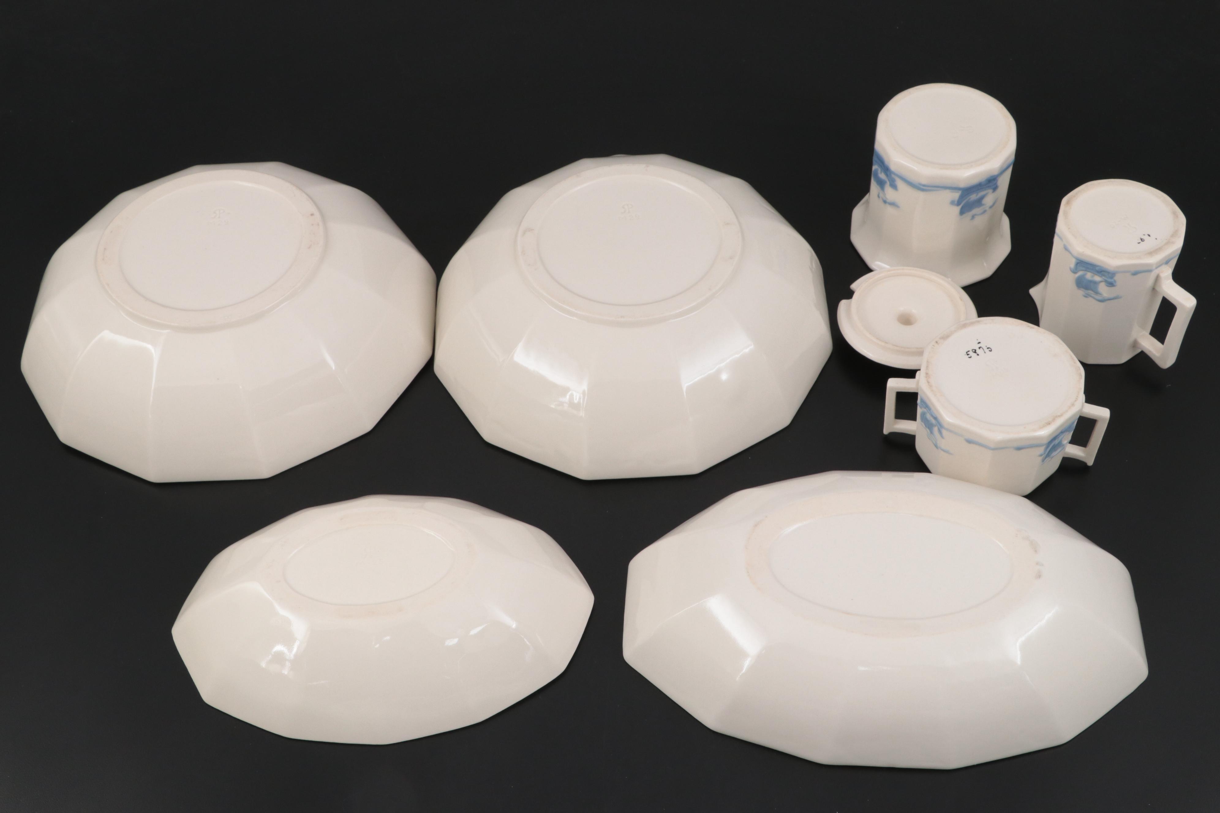 Rookwood Pottery Blue Ship Motif Porcelain Dinnerware and Serveware, 1920s