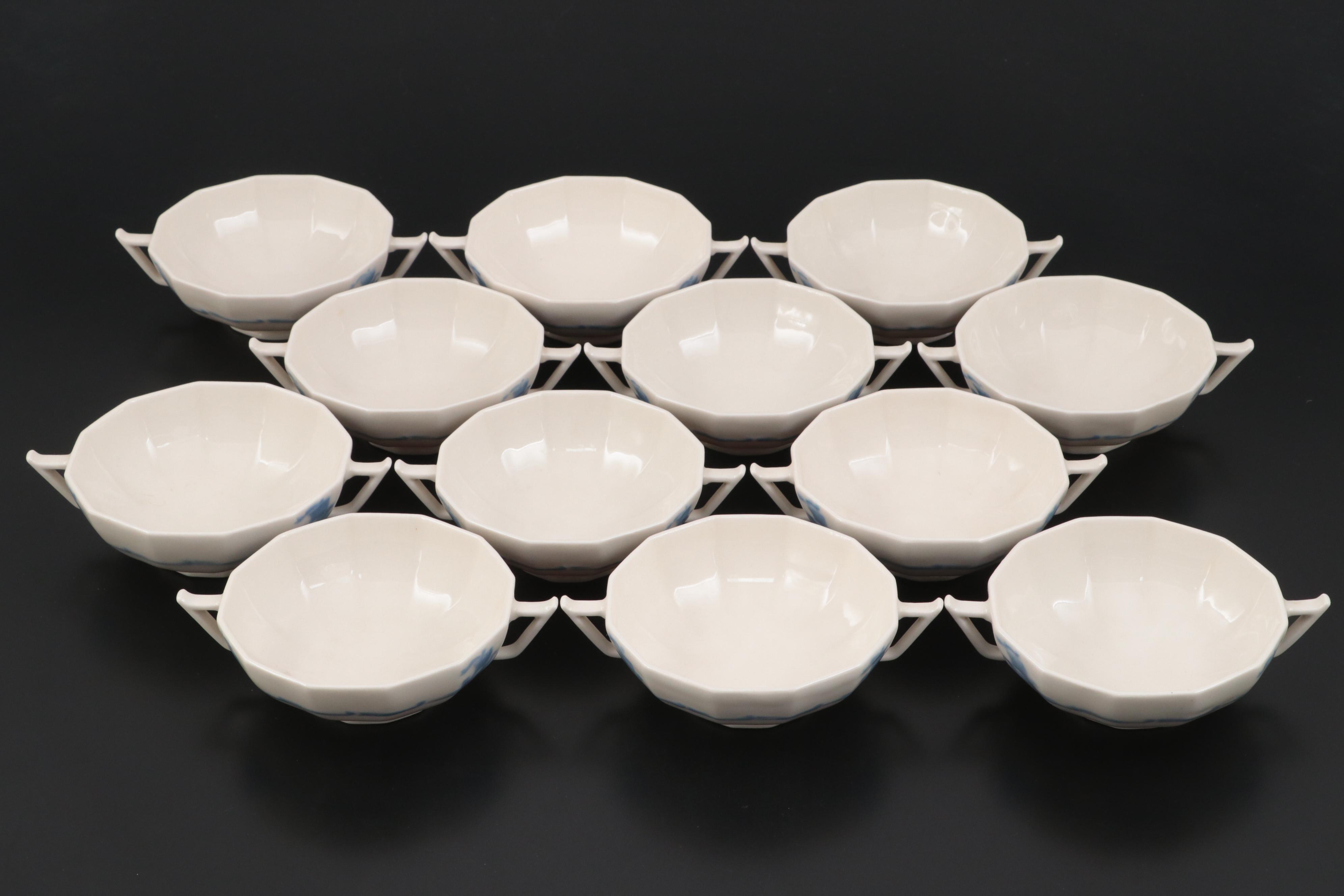 Rookwood Pottery Blue Ship Motif Porcelain Dinnerware and Serveware, 1920s