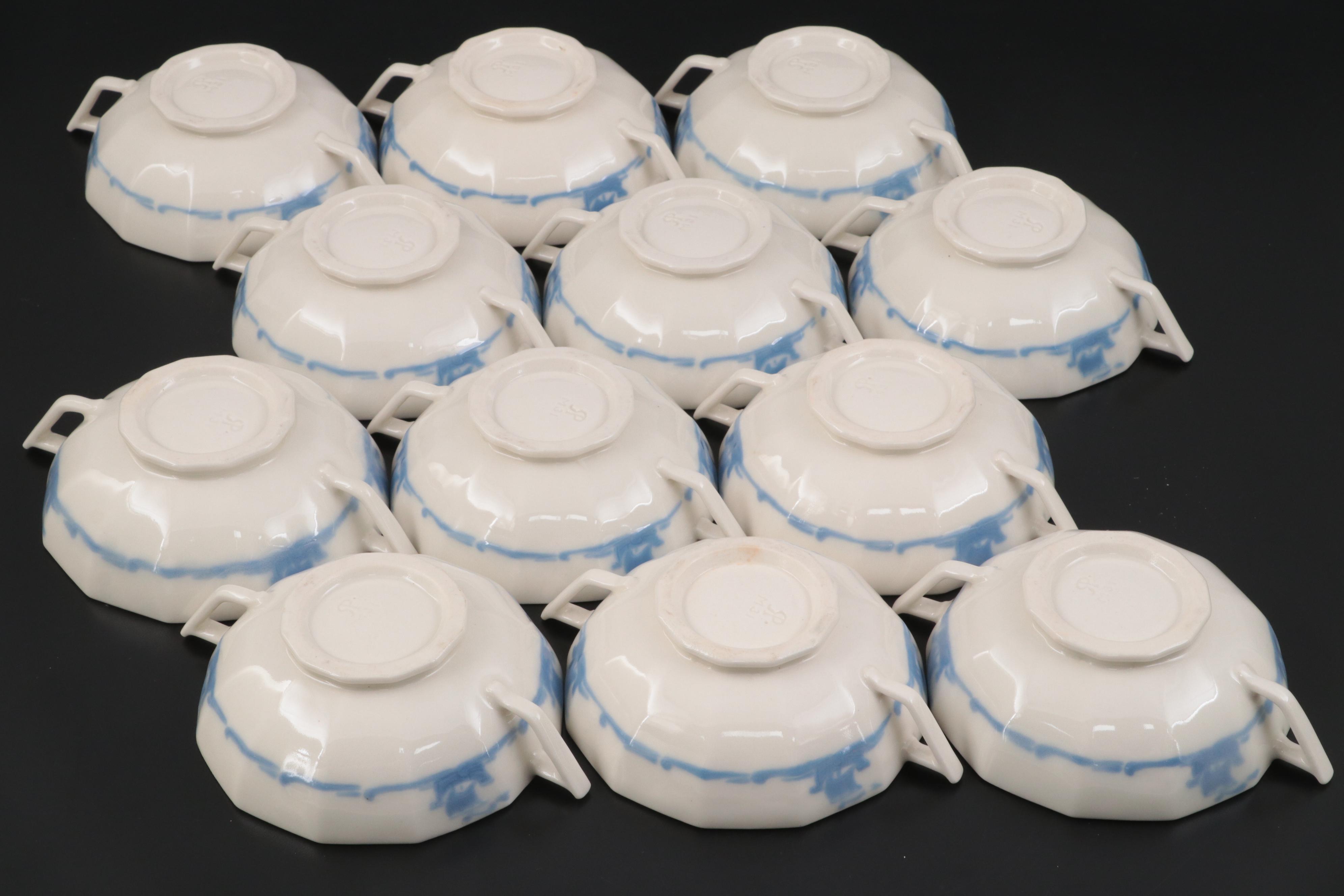 Rookwood Pottery Blue Ship Motif Porcelain Dinnerware and Serveware, 1920s