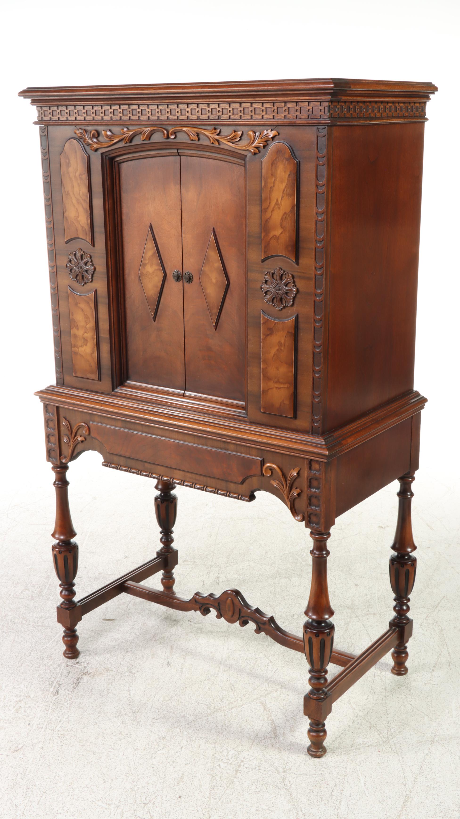 A.H. Grebe Jacobean Style Walnut-Stained Radio Cabinet, Circa 1930