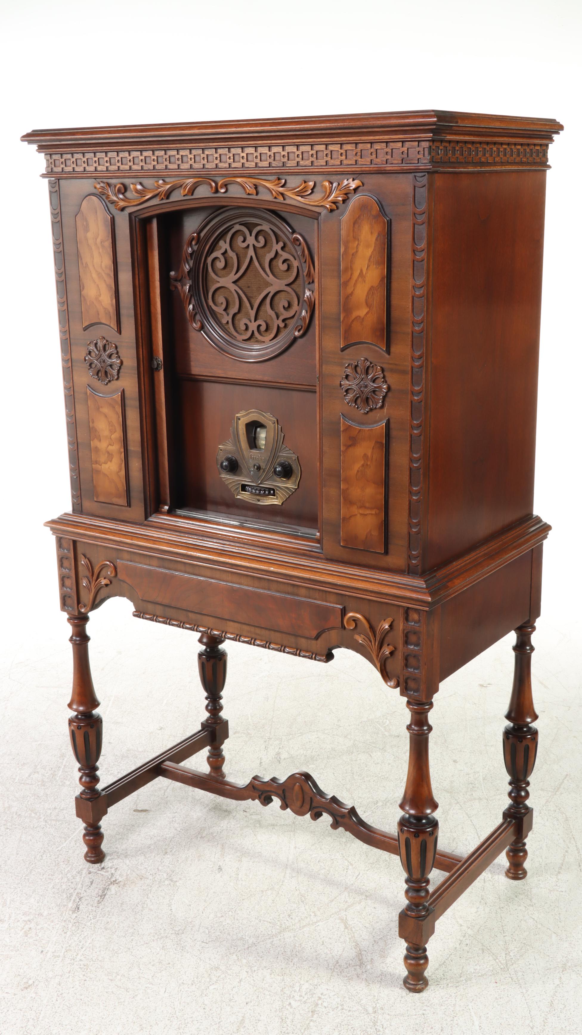 A.H. Grebe Jacobean Style Walnut-Stained Radio Cabinet, Circa 1930