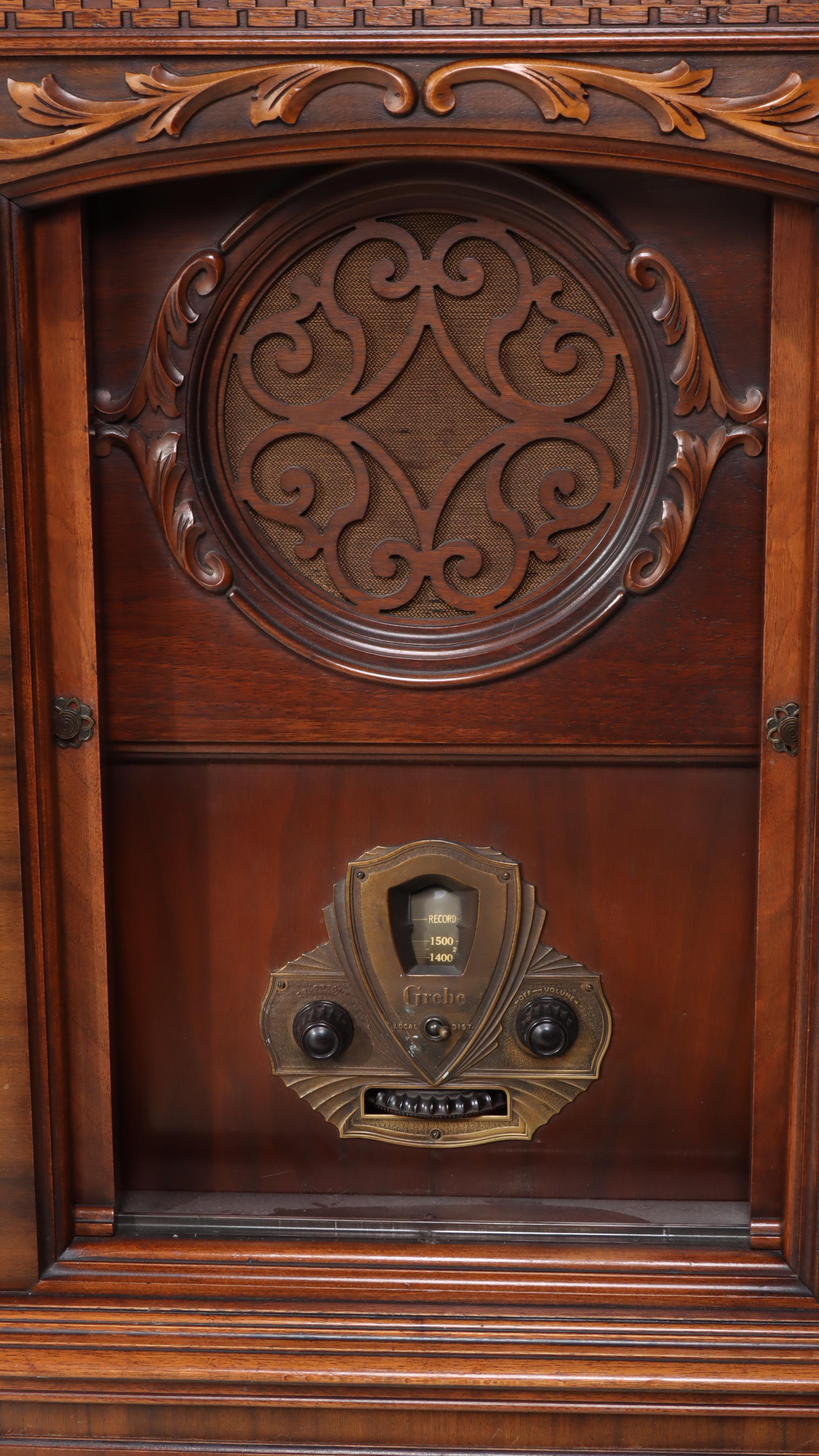 A.H. Grebe Jacobean Style Walnut-Stained Radio Cabinet, Circa 1930