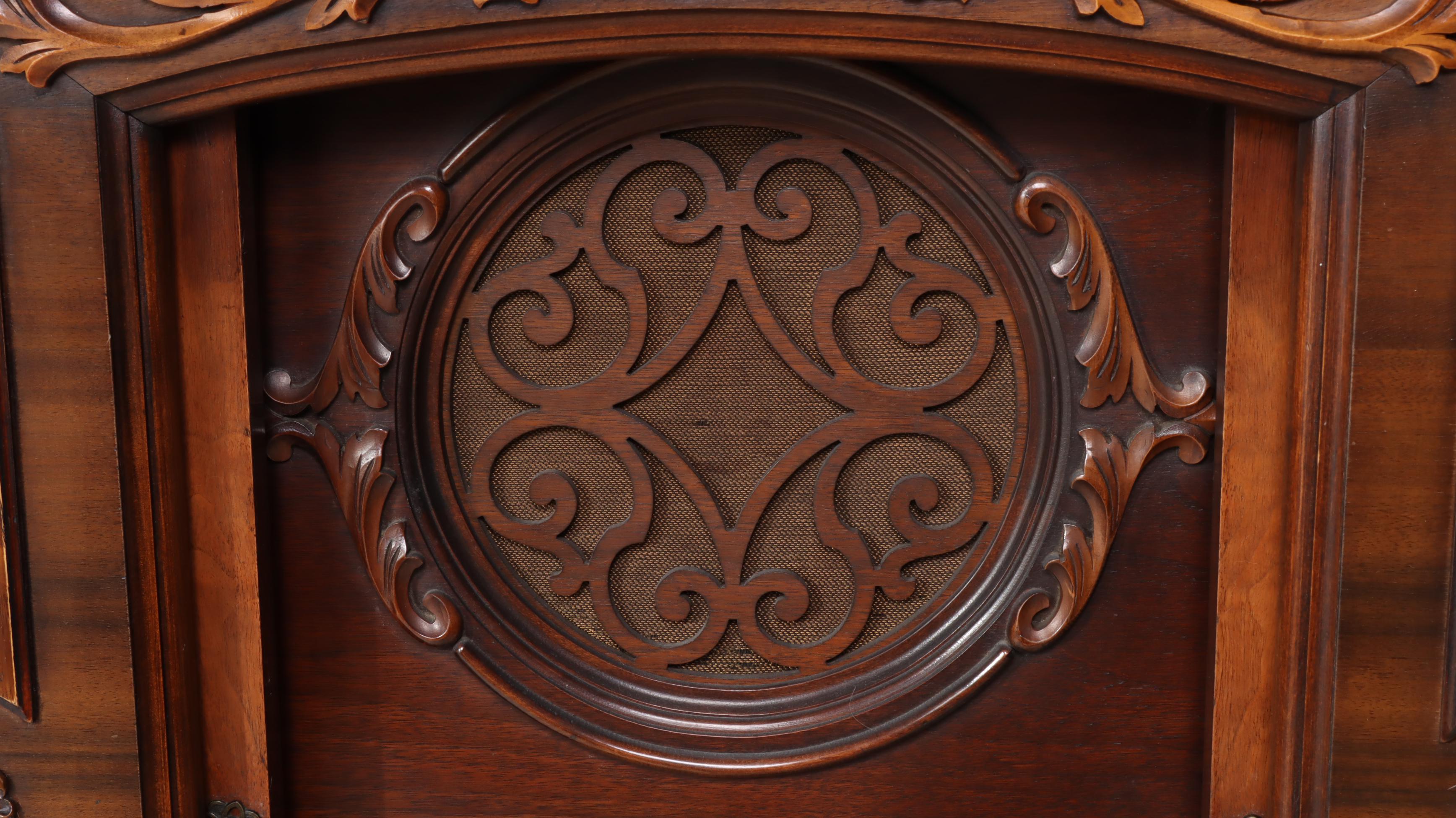A.H. Grebe Jacobean Style Walnut-Stained Radio Cabinet, Circa 1930