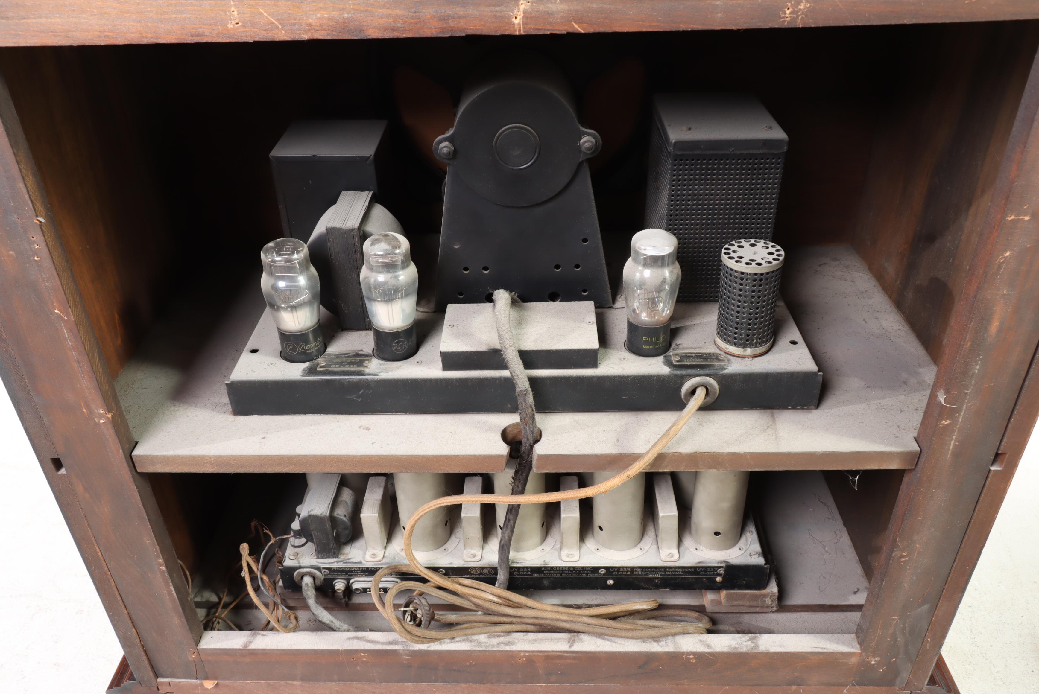 A.H. Grebe Jacobean Style Walnut-Stained Radio Cabinet, Circa 1930