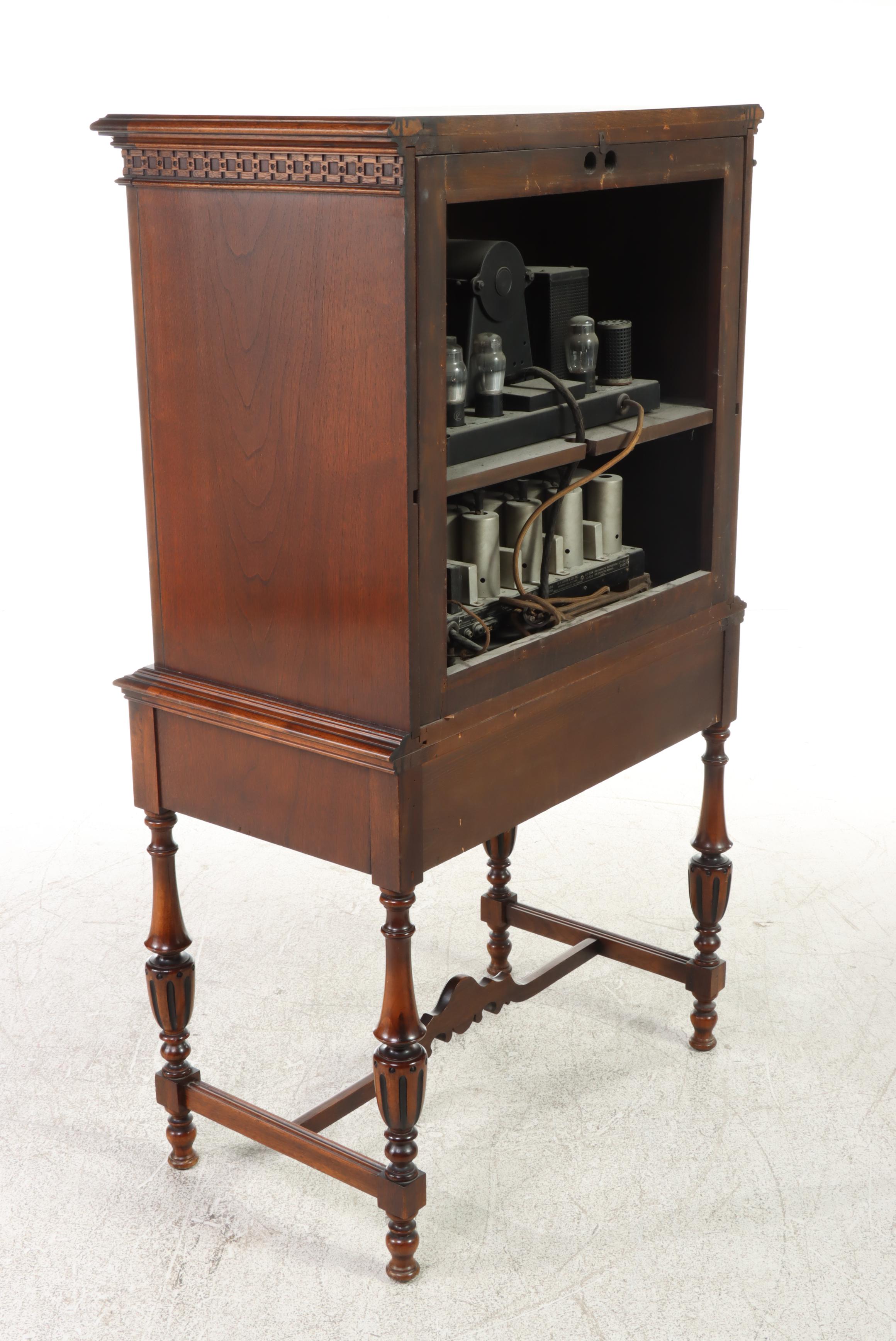 A.H. Grebe Jacobean Style Walnut-Stained Radio Cabinet, Circa 1930