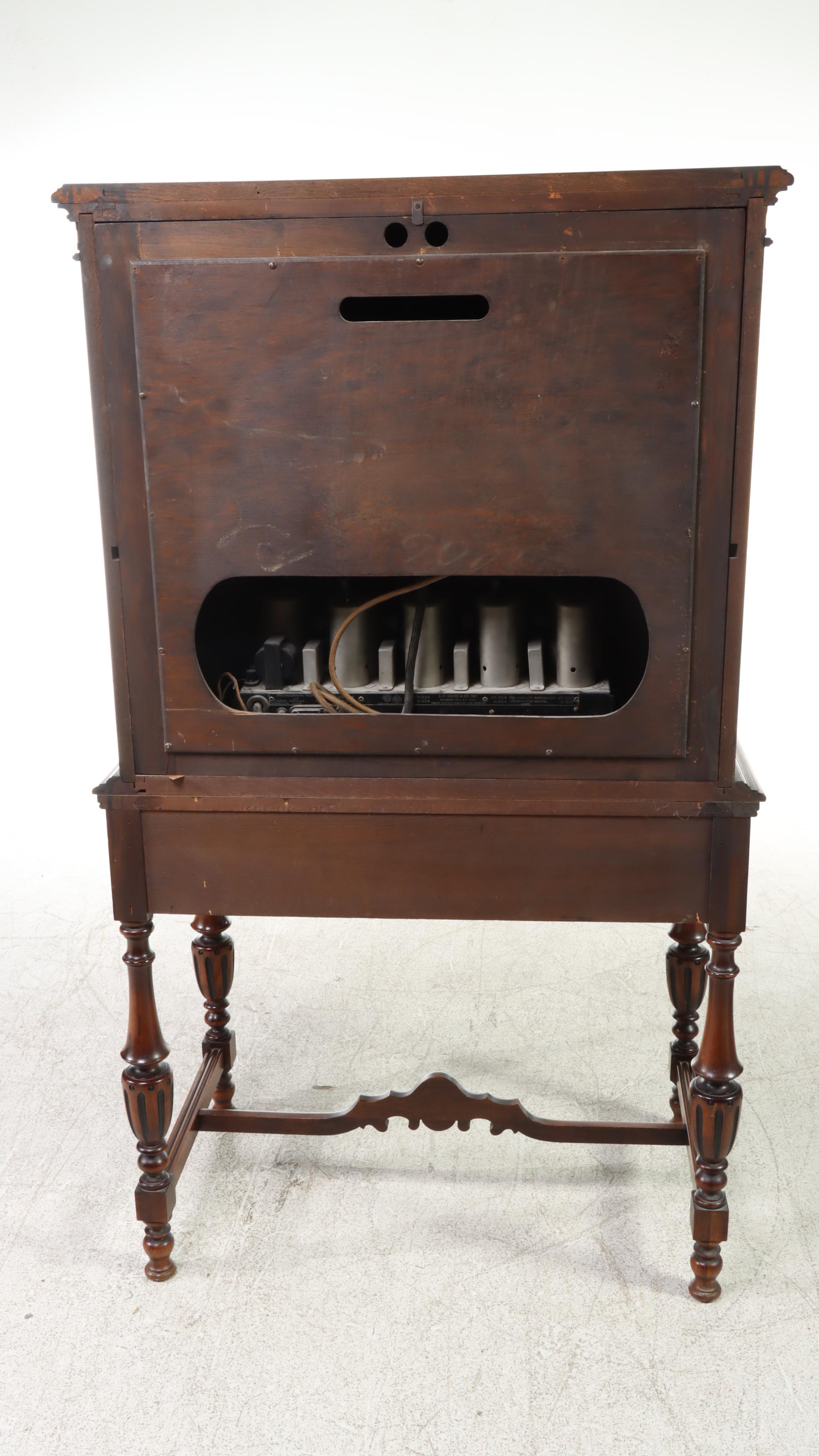 A.H. Grebe Jacobean Style Walnut-Stained Radio Cabinet, Circa 1930