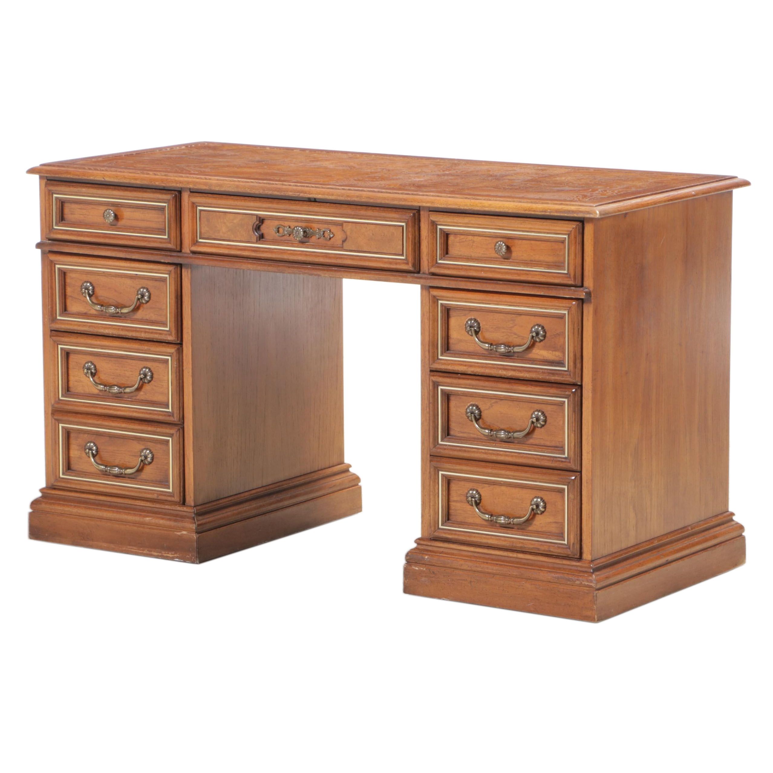 Pecan and Burlwood Top Kneehole Desk, Mid to Late 20th Century