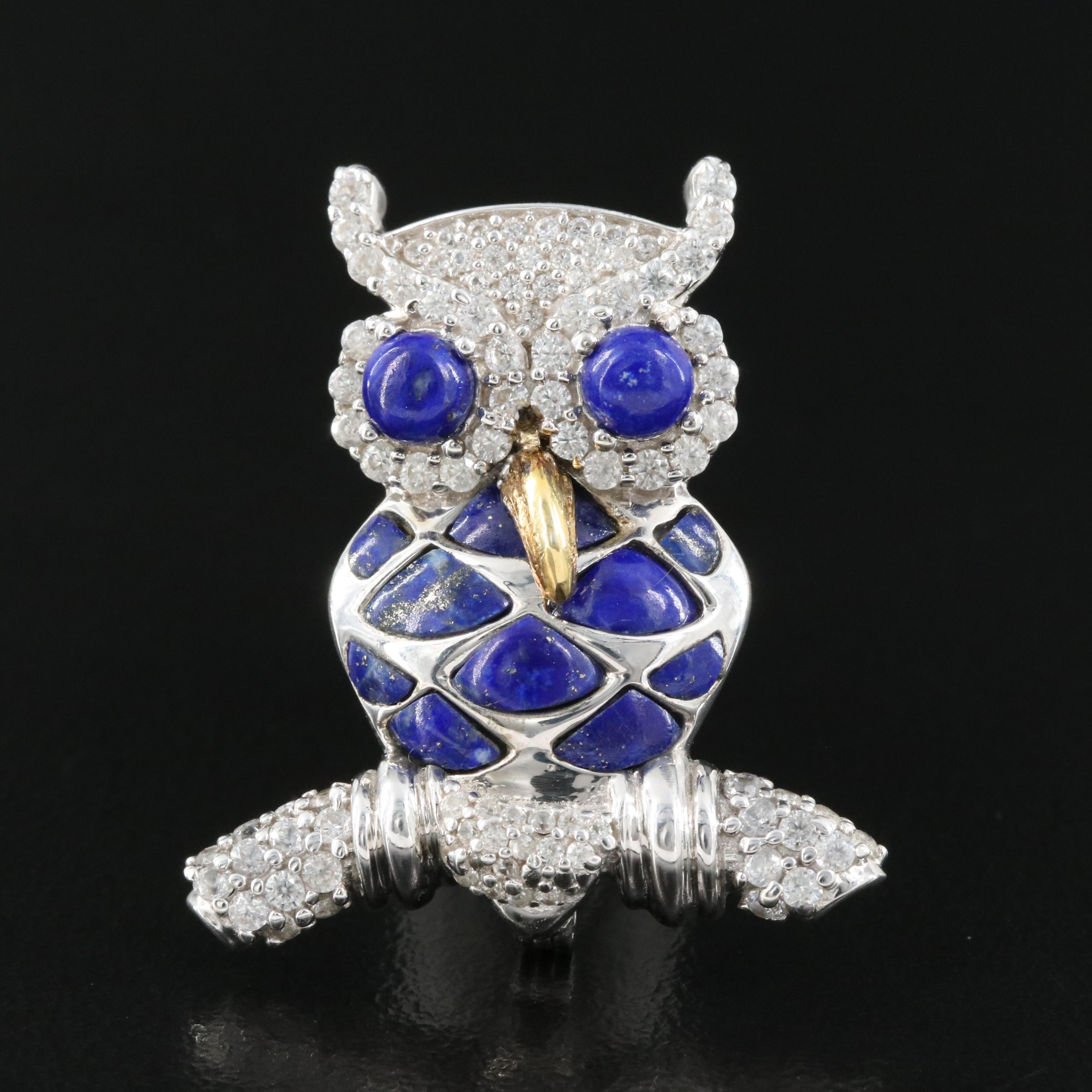 Sterling Lapis Lazuli and Zircon Owl Pin