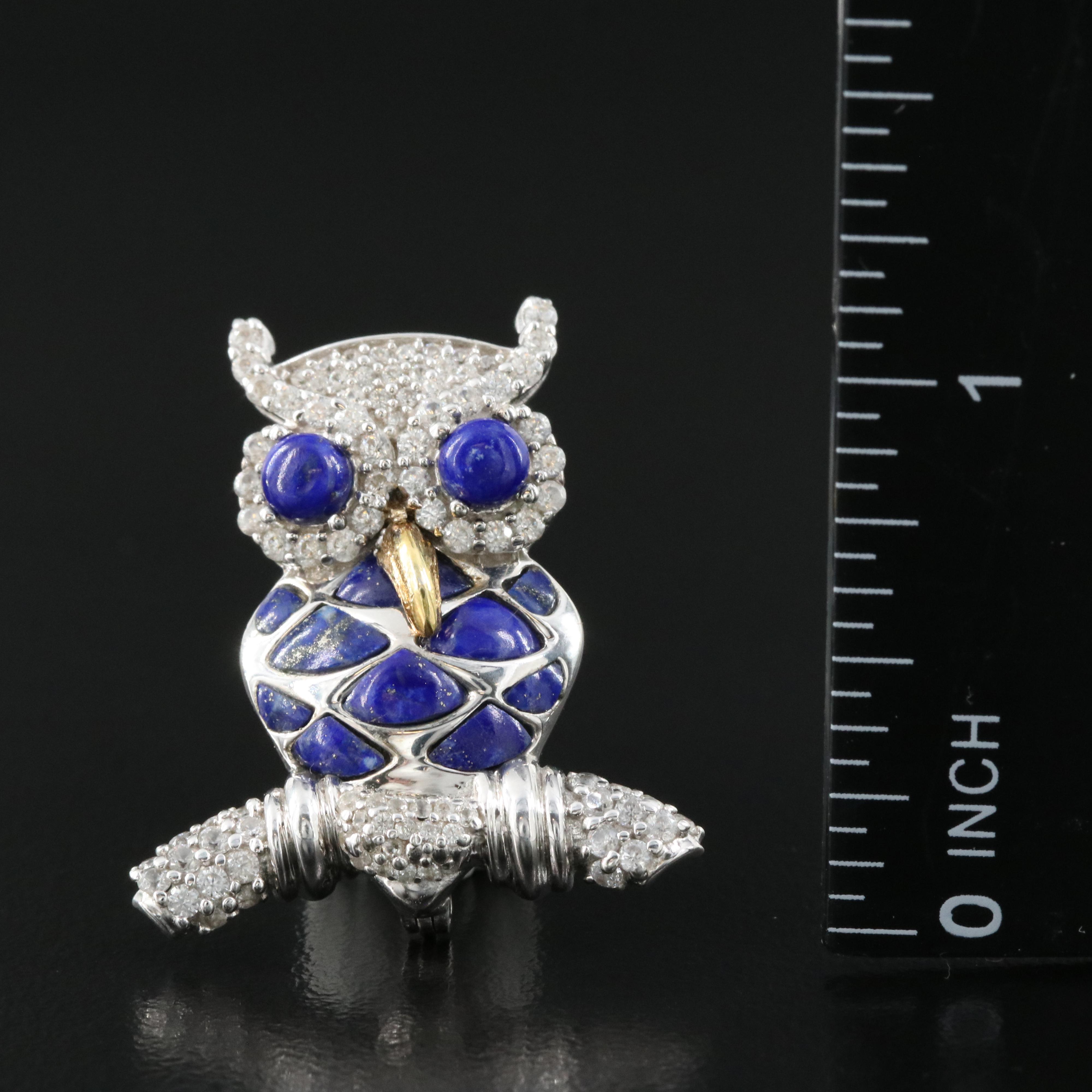 Sterling Lapis Lazuli and Zircon Owl Pin