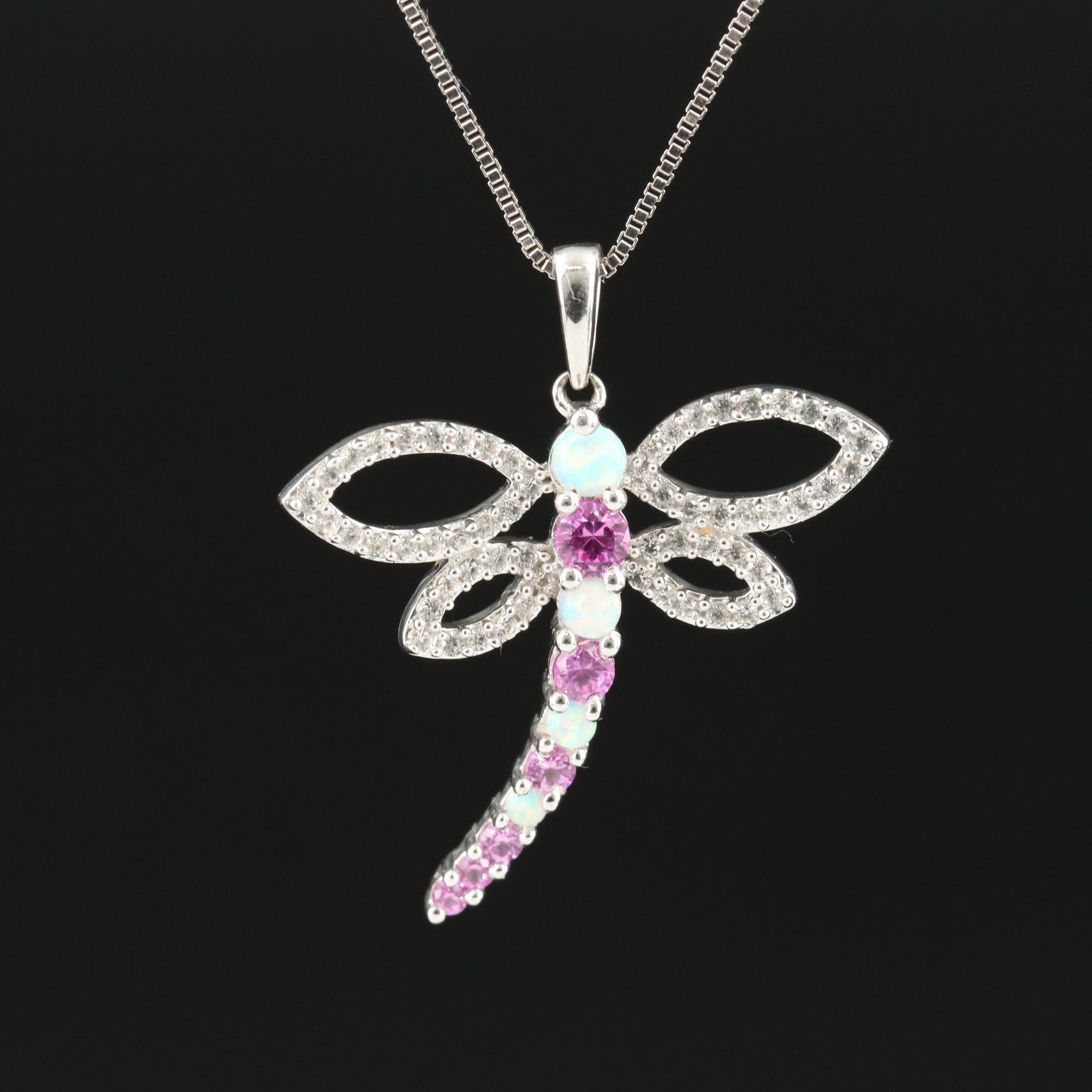 Sterling Opal and Sapphire Dragonfly Pendant Necklace