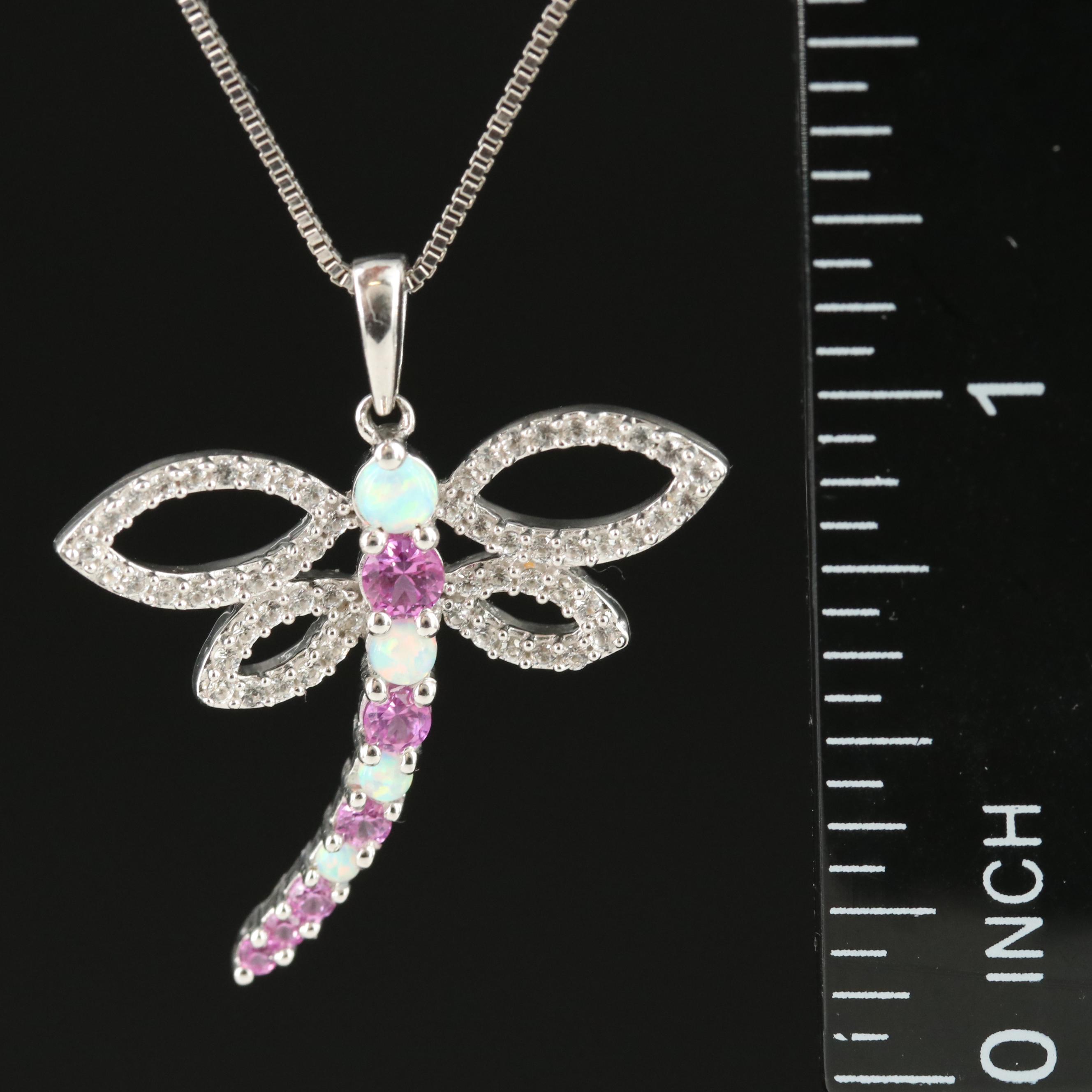 Sterling Opal and Sapphire Dragonfly Pendant Necklace