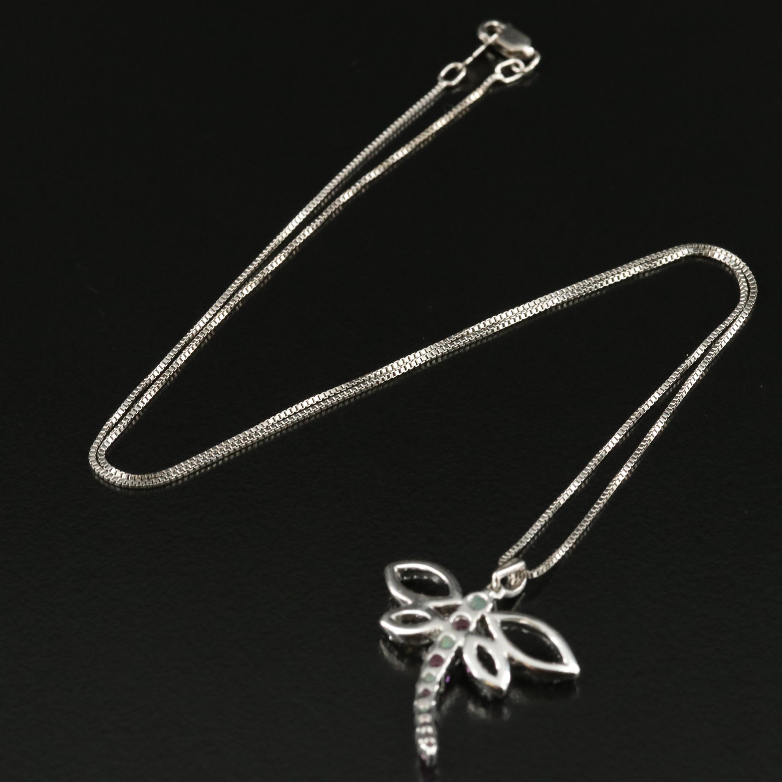 Sterling Opal and Sapphire Dragonfly Pendant Necklace