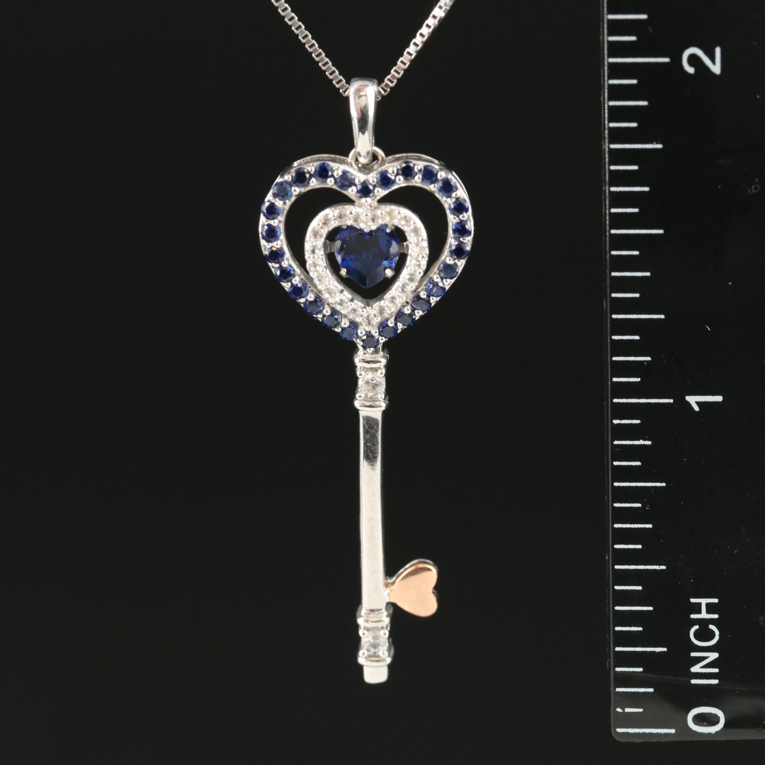 Sterling Sapphire Heart Key Pendant Necklace