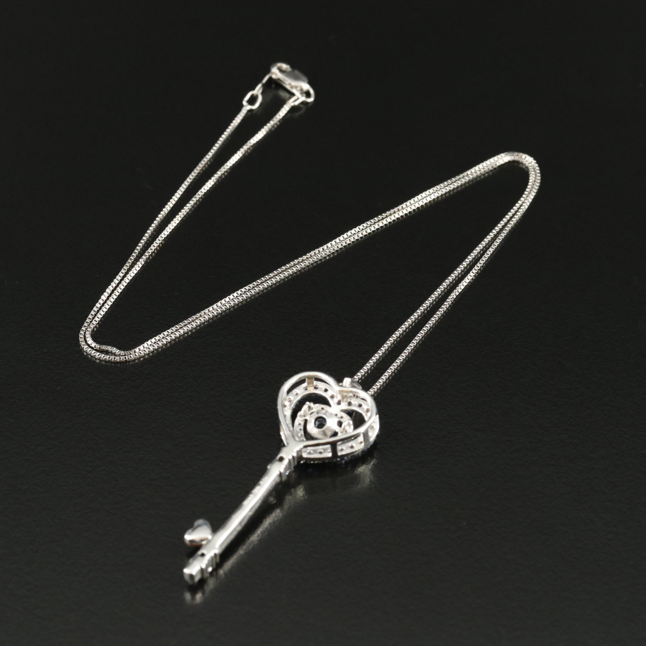 Sterling Sapphire Heart Key Pendant Necklace