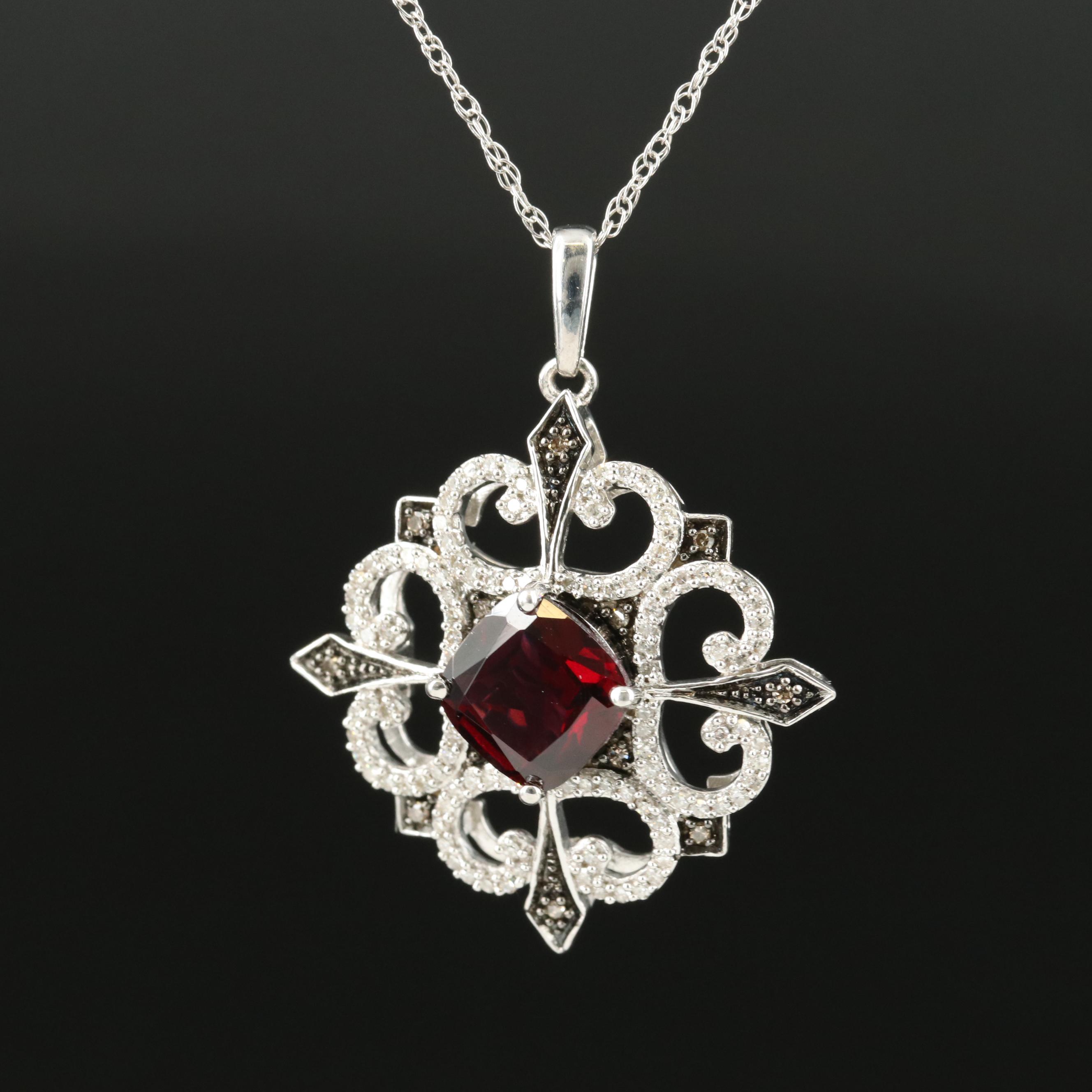 Sterling Garnet and Diamond Openwork Pendant Necklace