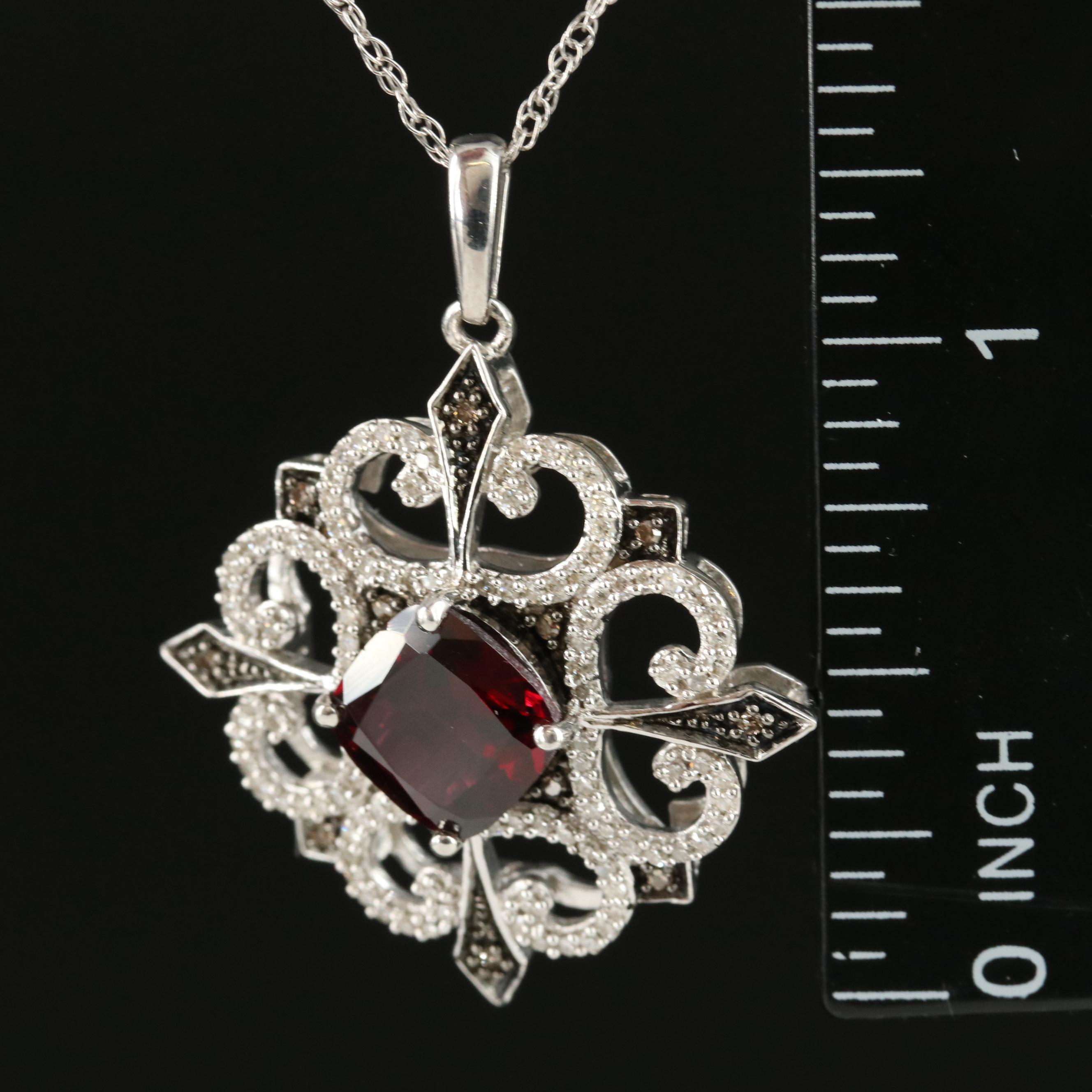 Sterling Garnet and Diamond Openwork Pendant Necklace