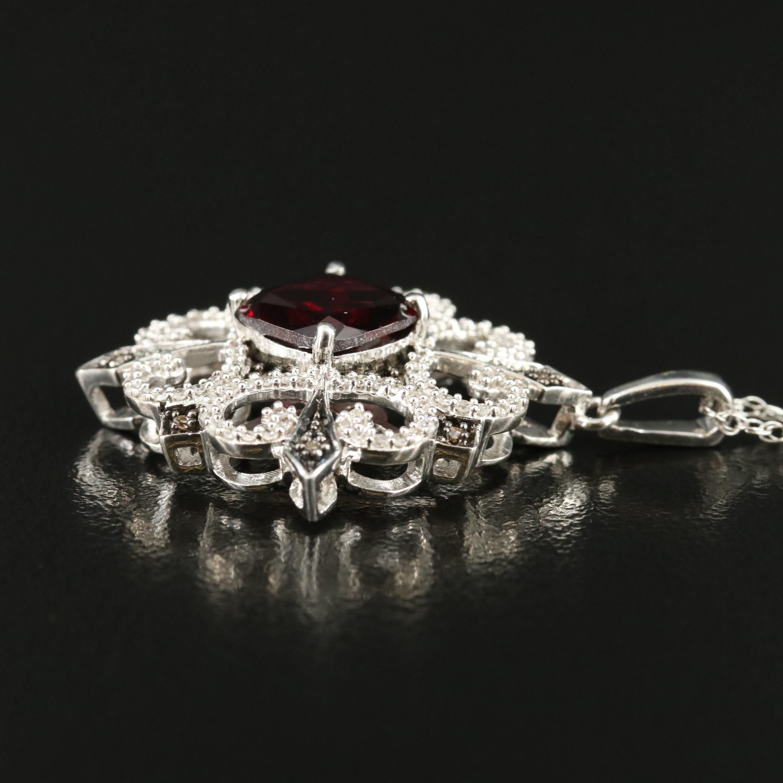 Sterling Garnet and Diamond Openwork Pendant Necklace