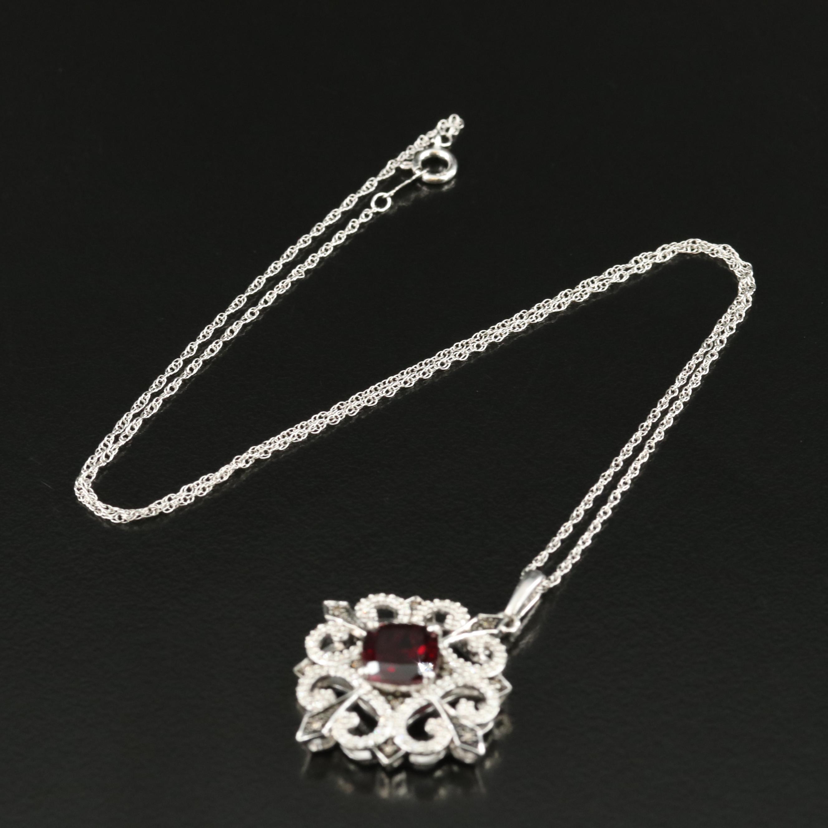 Sterling Garnet and Diamond Openwork Pendant Necklace