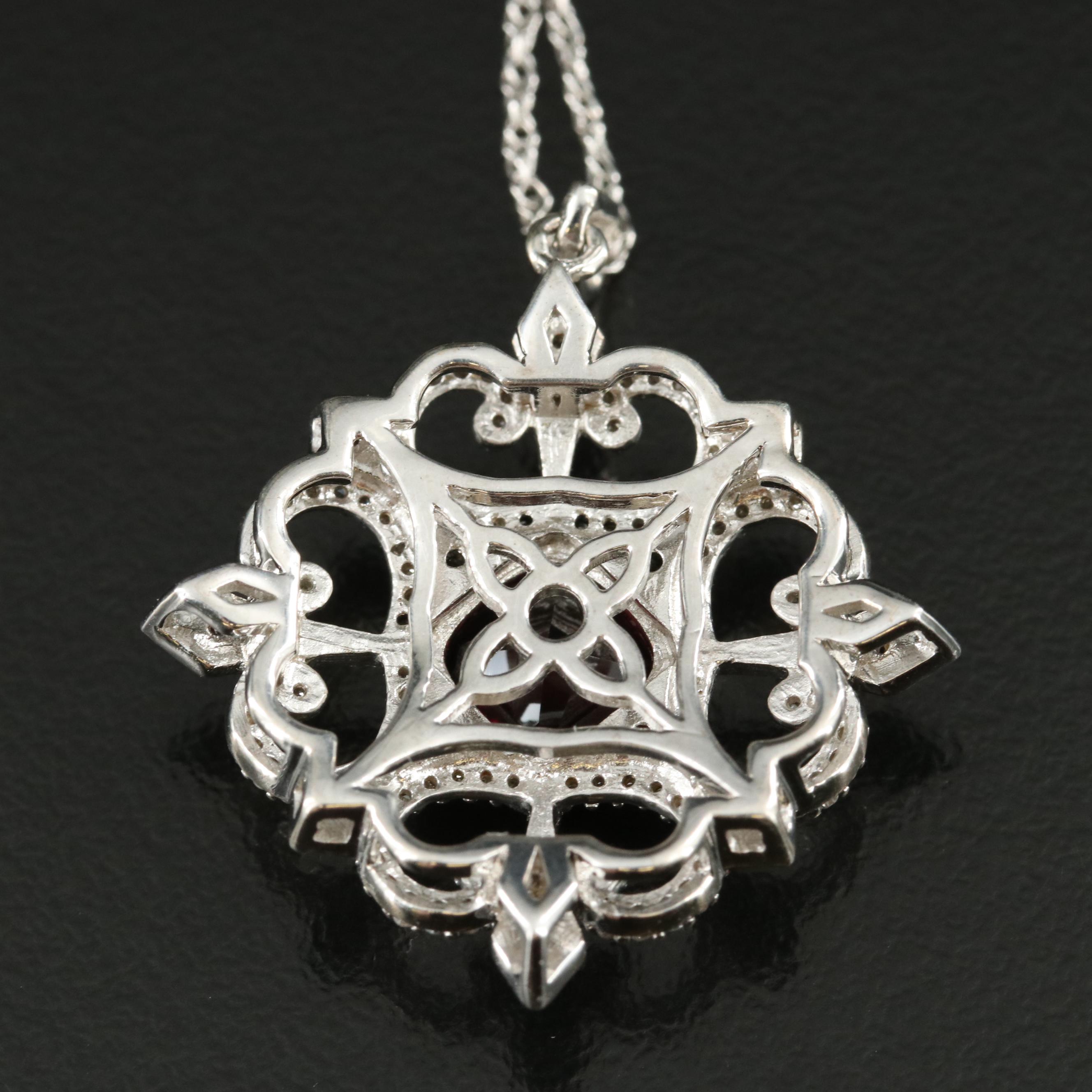 Sterling Garnet and Diamond Openwork Pendant Necklace