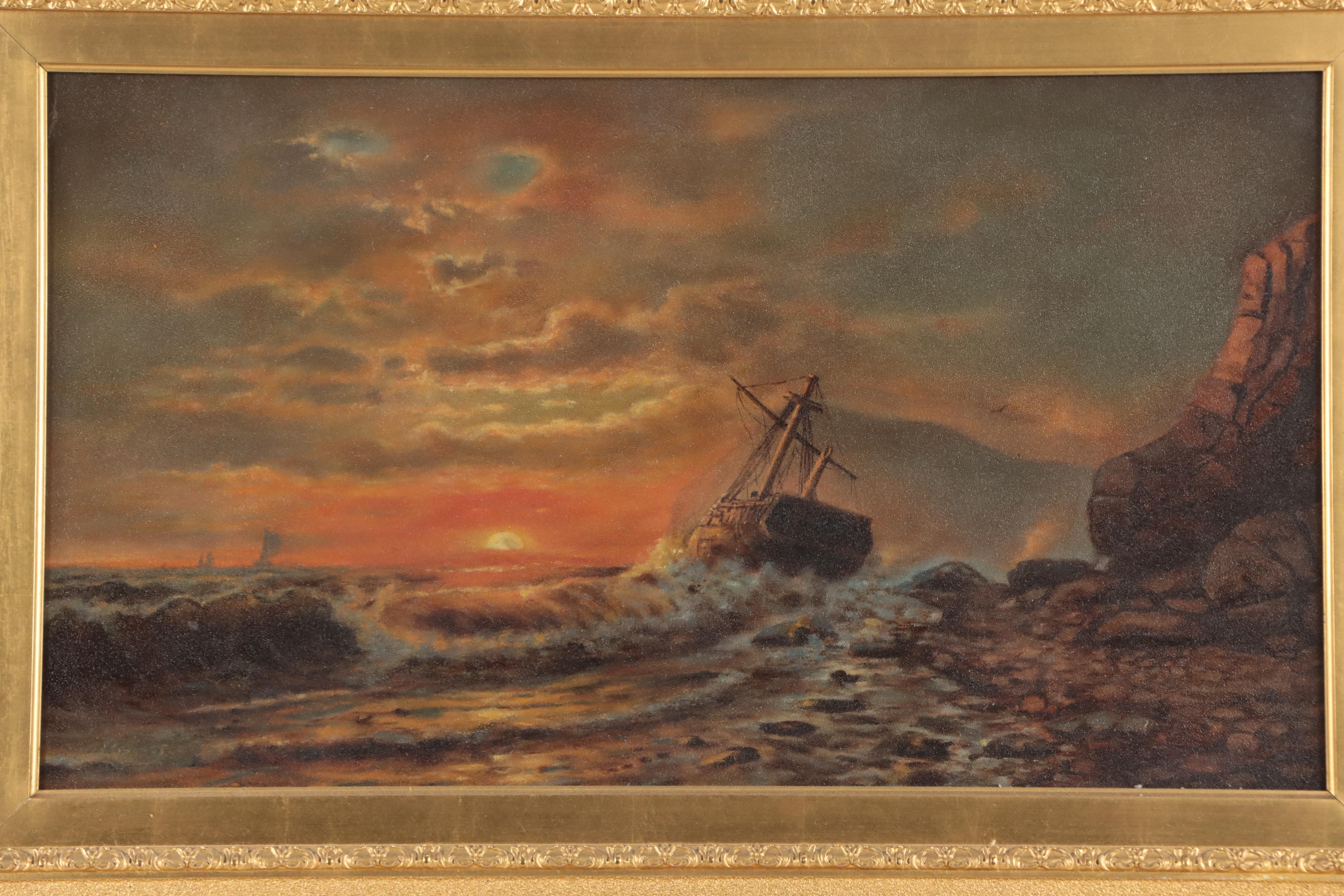 Oil Painting of Sailing Ship In Coastal Landscape