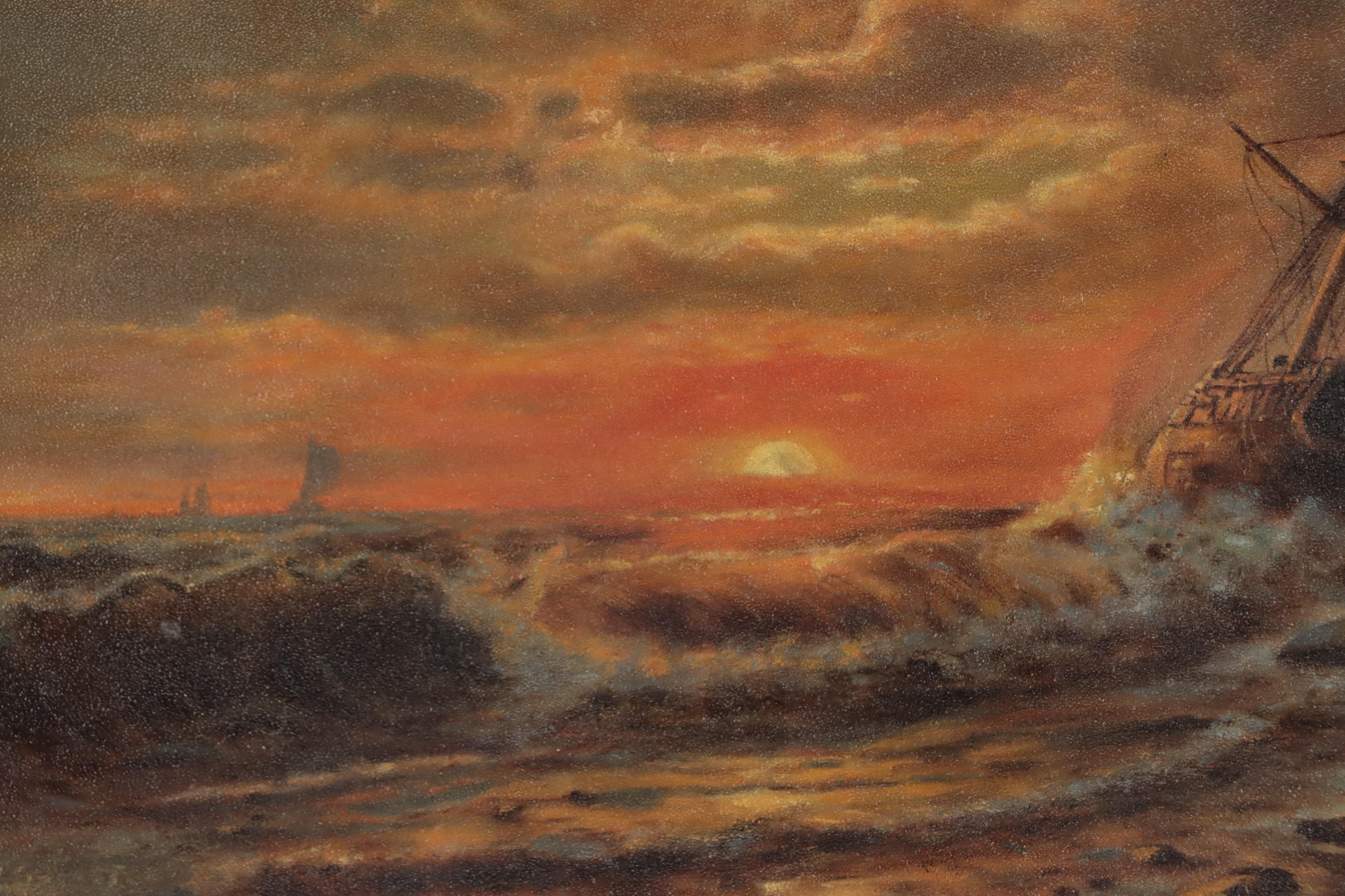 Oil Painting of Sailing Ship In Coastal Landscape