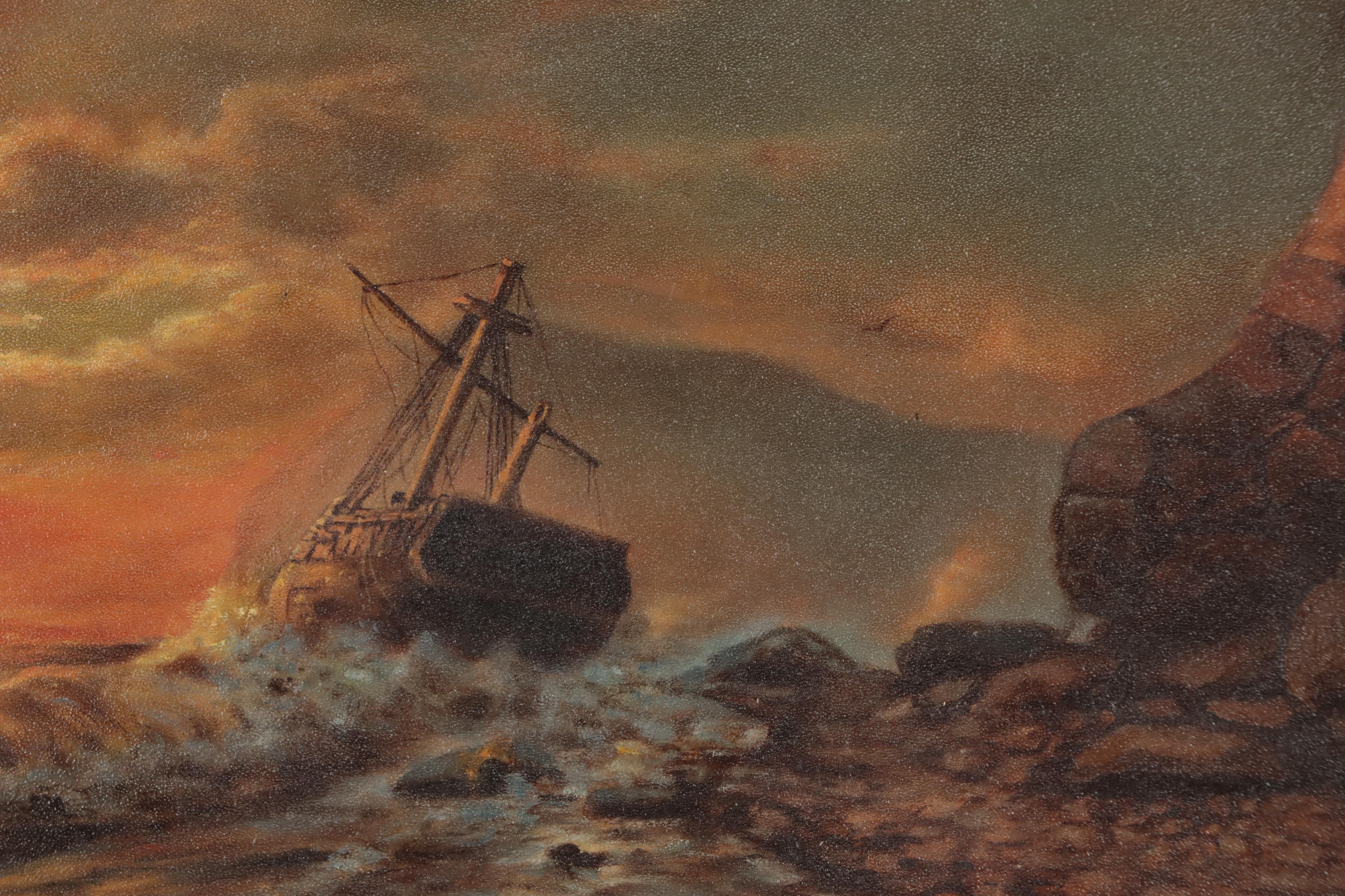 Oil Painting of Sailing Ship In Coastal Landscape