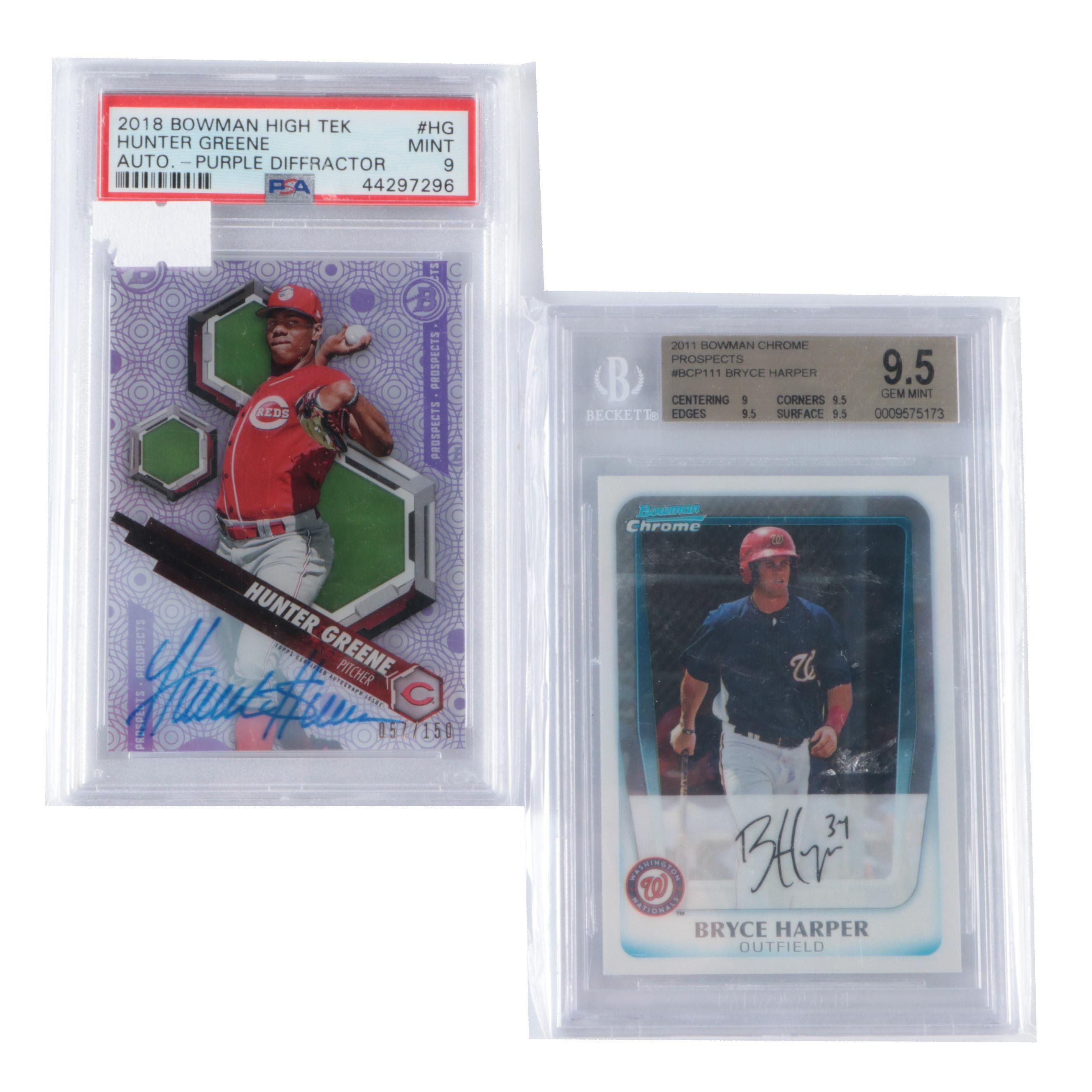2018 Hunter Green High Tek Signed and 2011 Bryce Harper Chrome Graded Cards